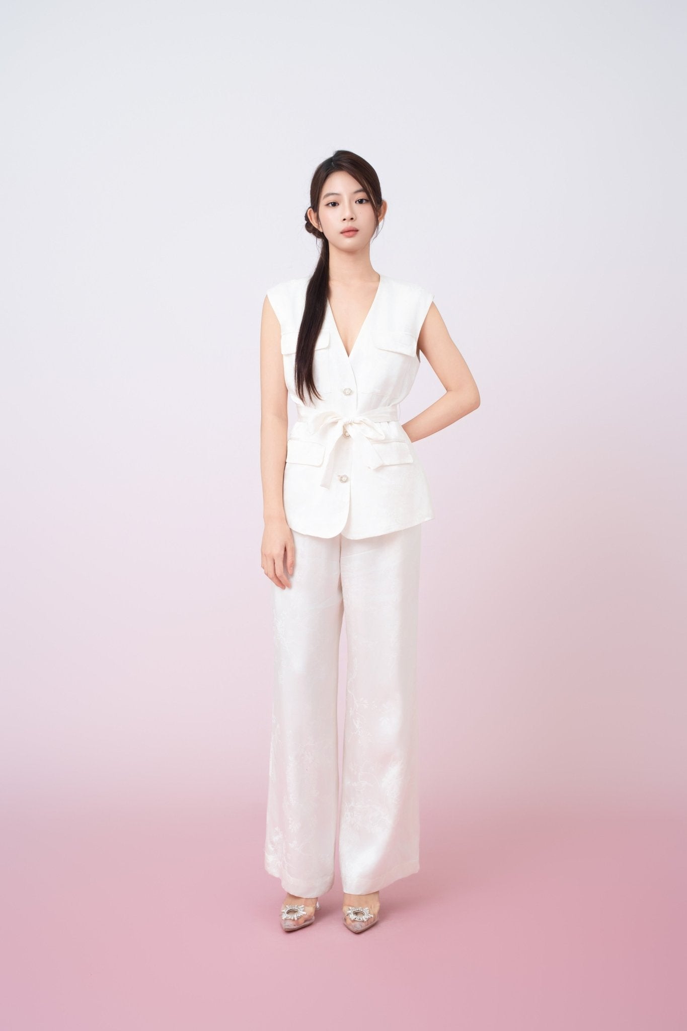 Kamryn Ivory Jacquard Wide Leg Pants - Nimisski