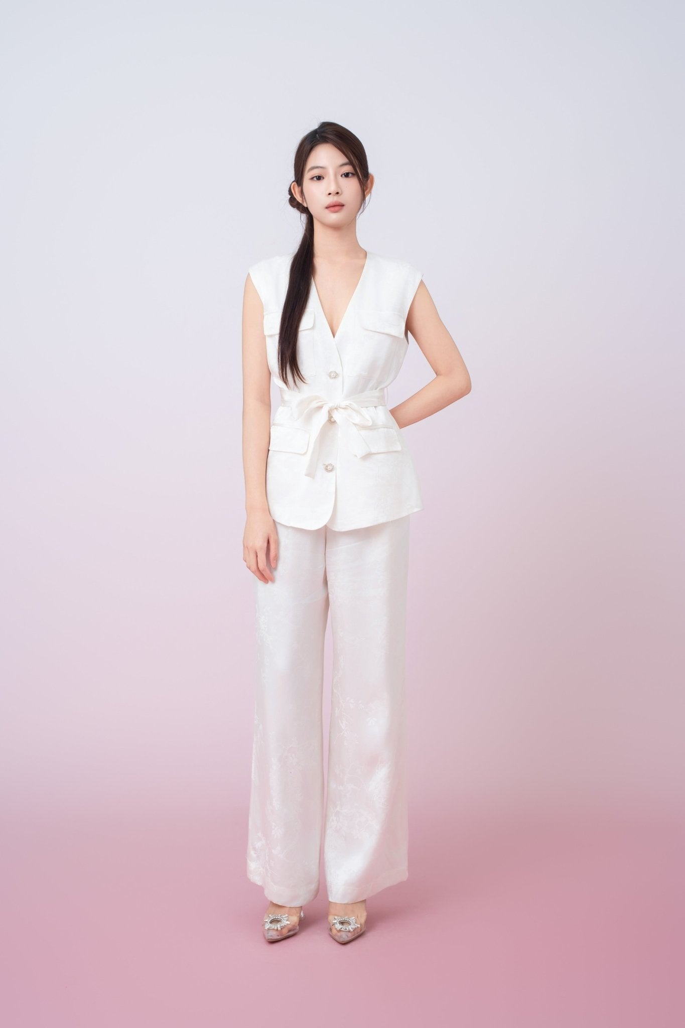 Kamryn Ivory Jacquard Wide Leg Pants - Nimisski