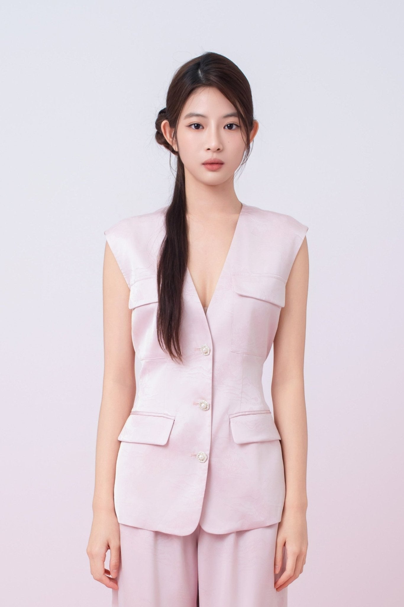 Kamryn Light Pink Jacquard Sleeveless Vest Top - Nimisski