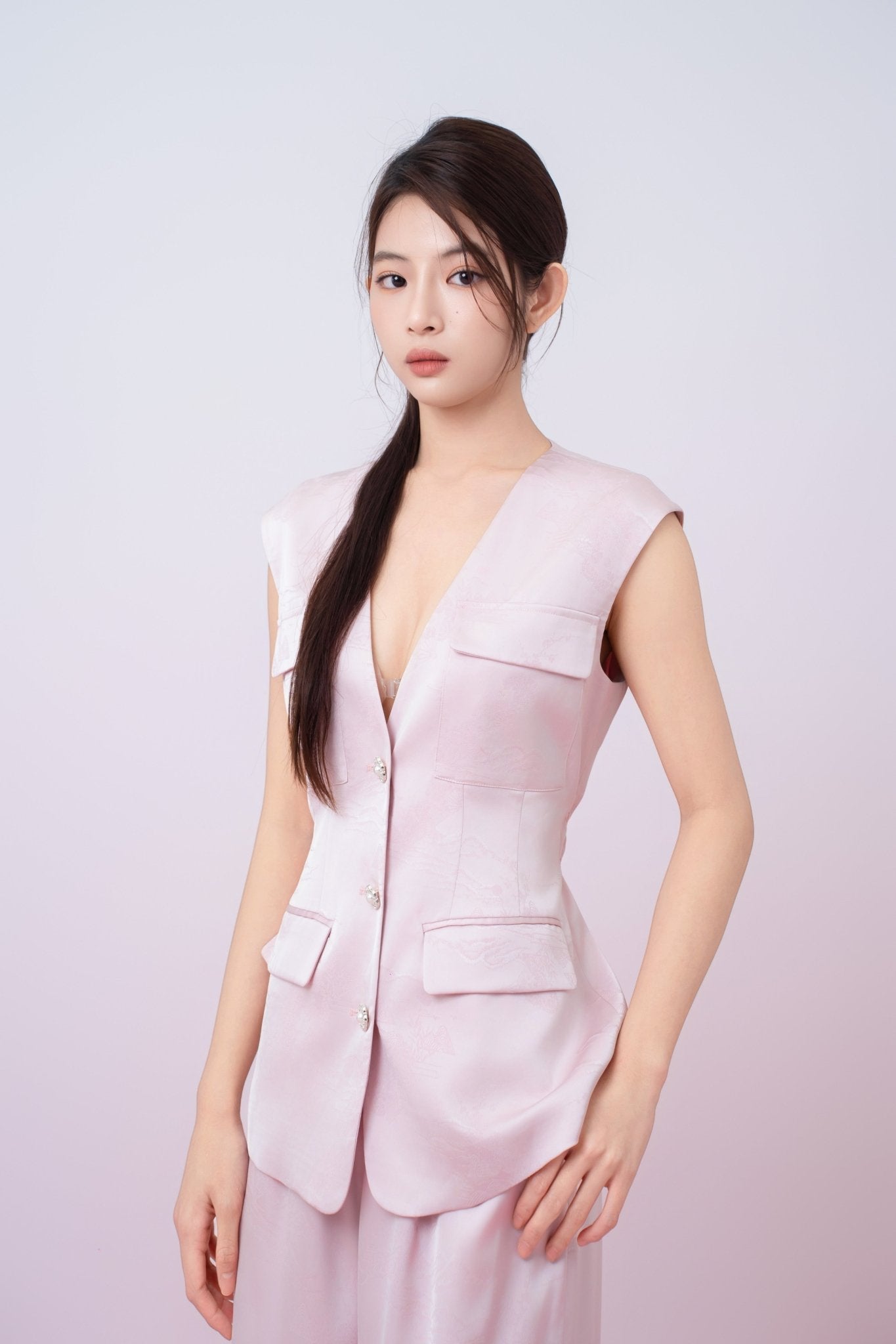 Kamryn Light Pink Jacquard Sleeveless Vest Top - Nimisski