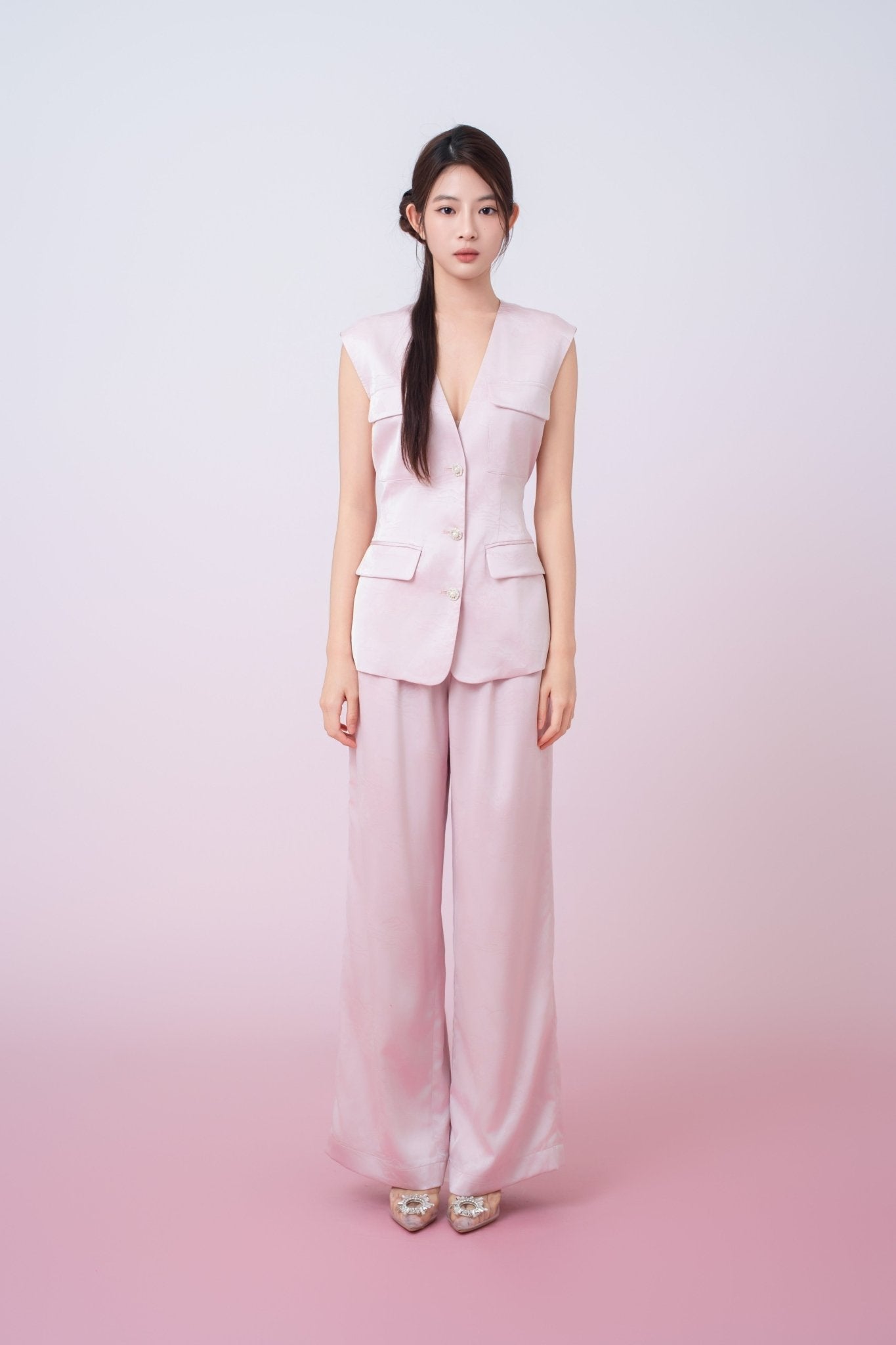 Kamryn Light Pink Jacquard Wide Leg Pants - Nimisski