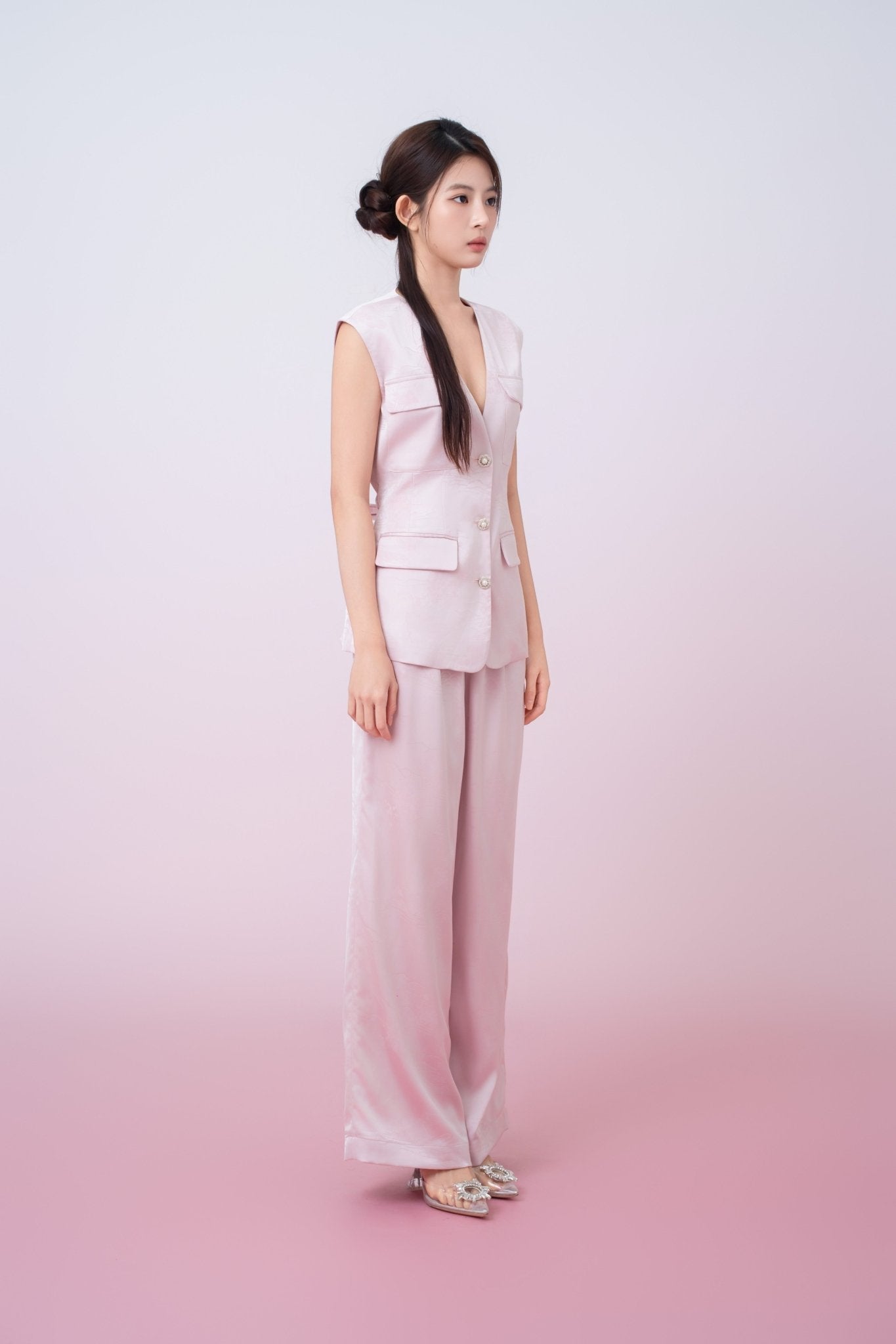 Kamryn Light Pink Jacquard Wide Leg Pants - Nimisski