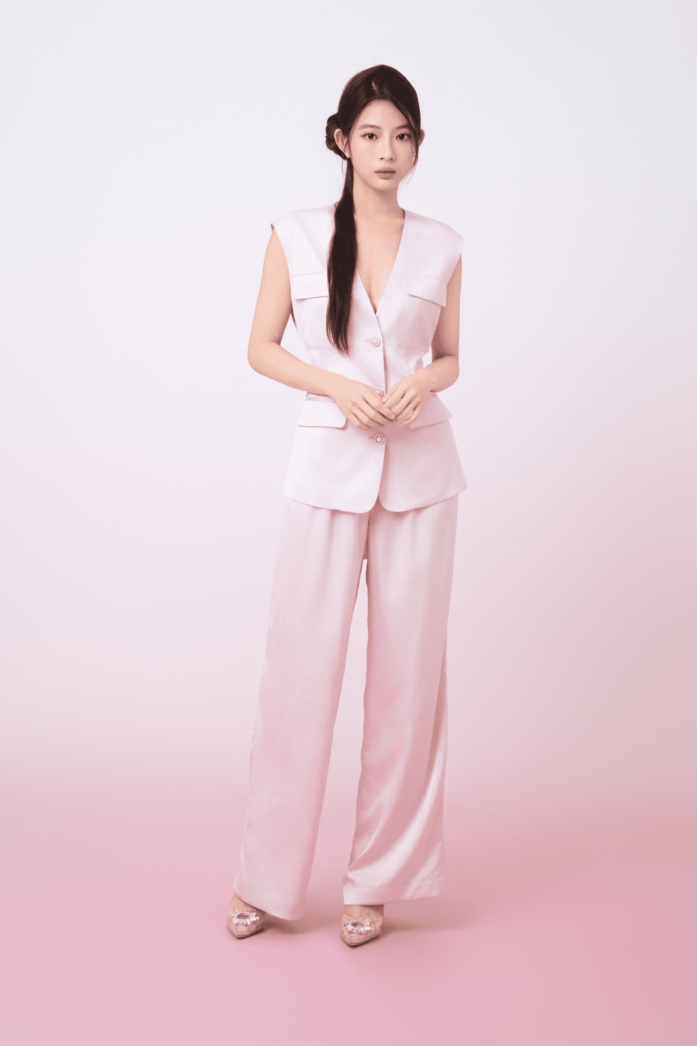 Kamryn Light Pink Jacquard Wide Leg Pants - Nimisski