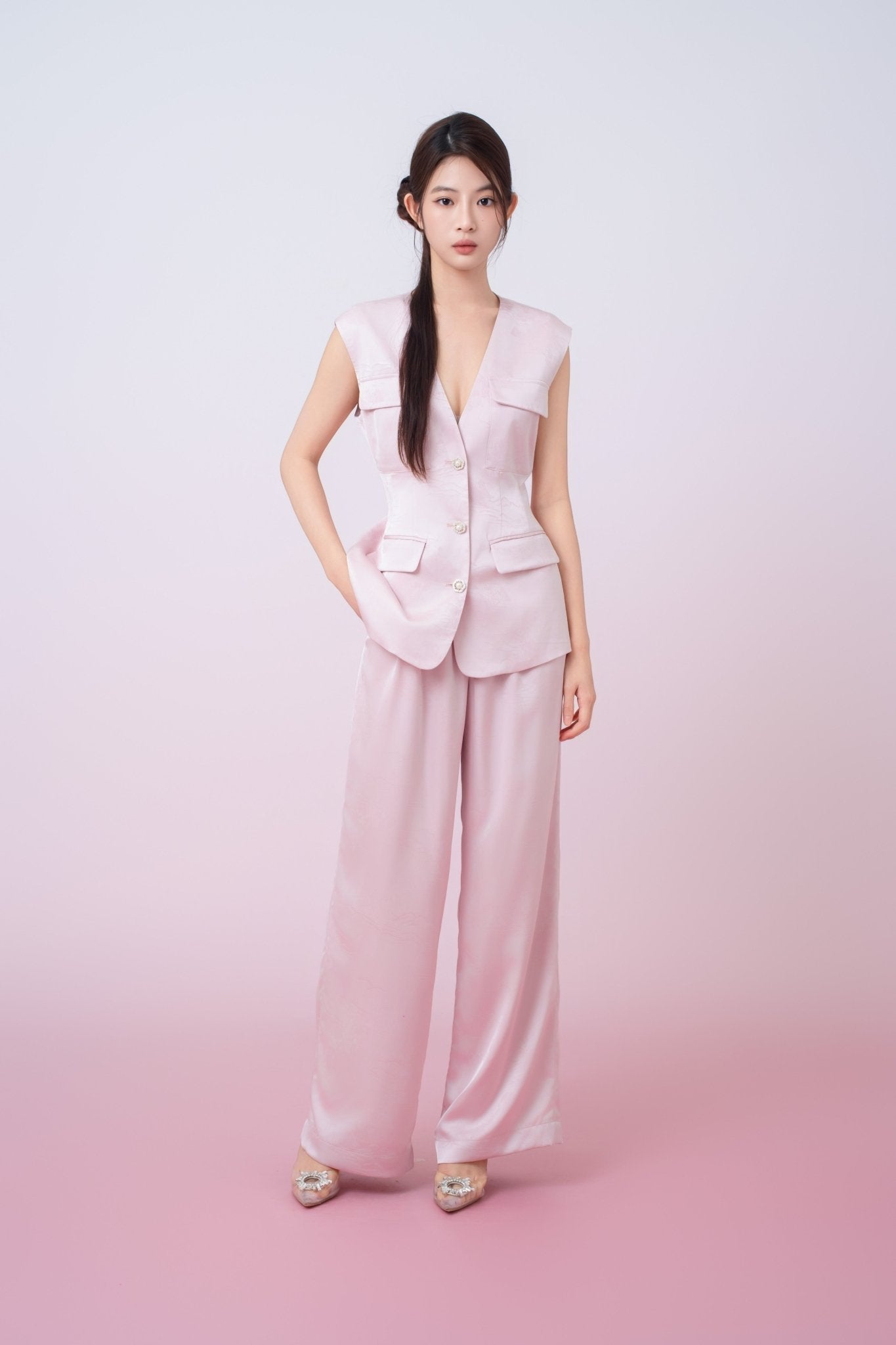 Kamryn Light Pink Jacquard Wide Leg Pants - Nimisski