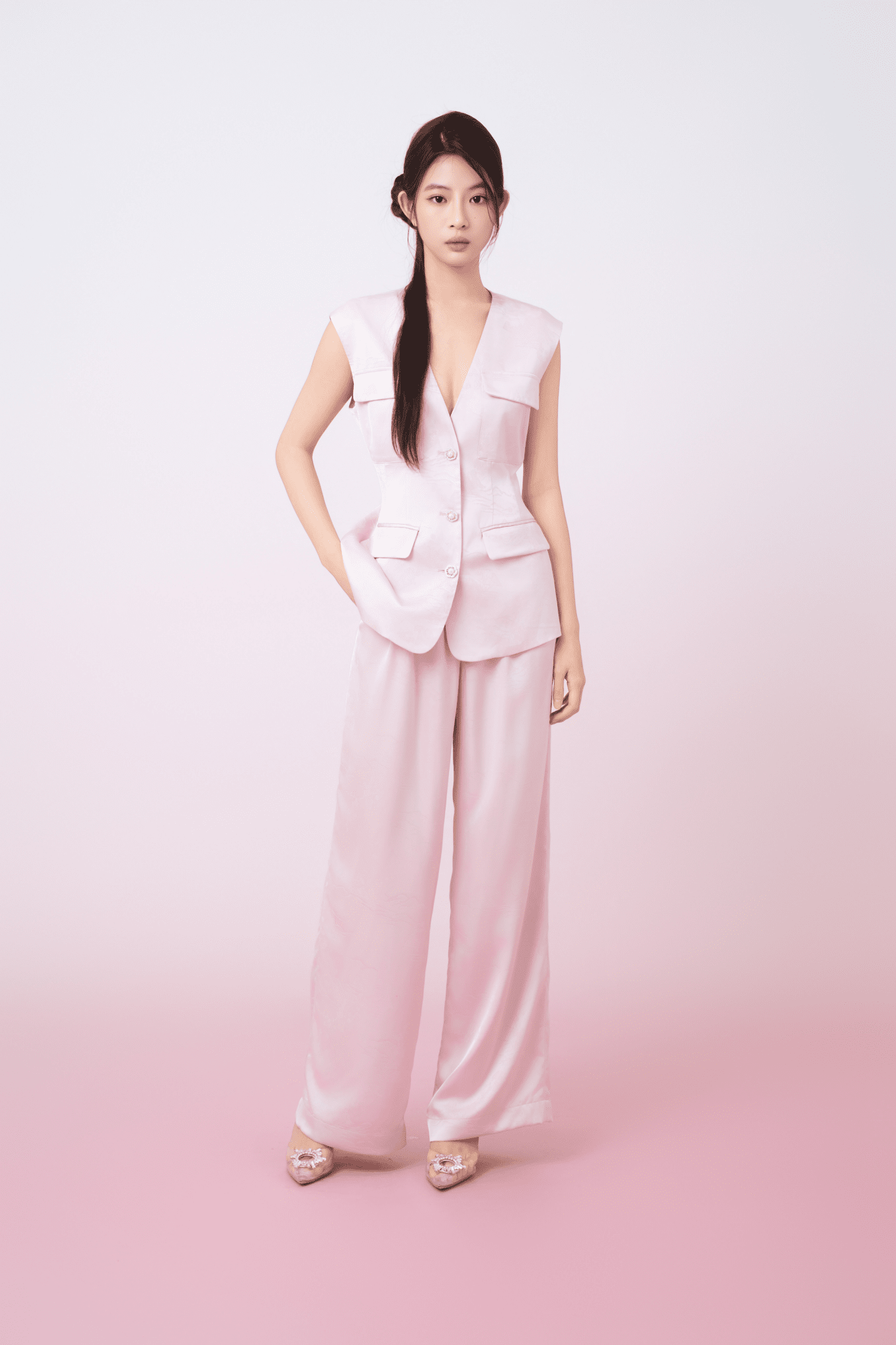 Kamryn Light Pink Jacquard Wide Leg Pants - Nimisski