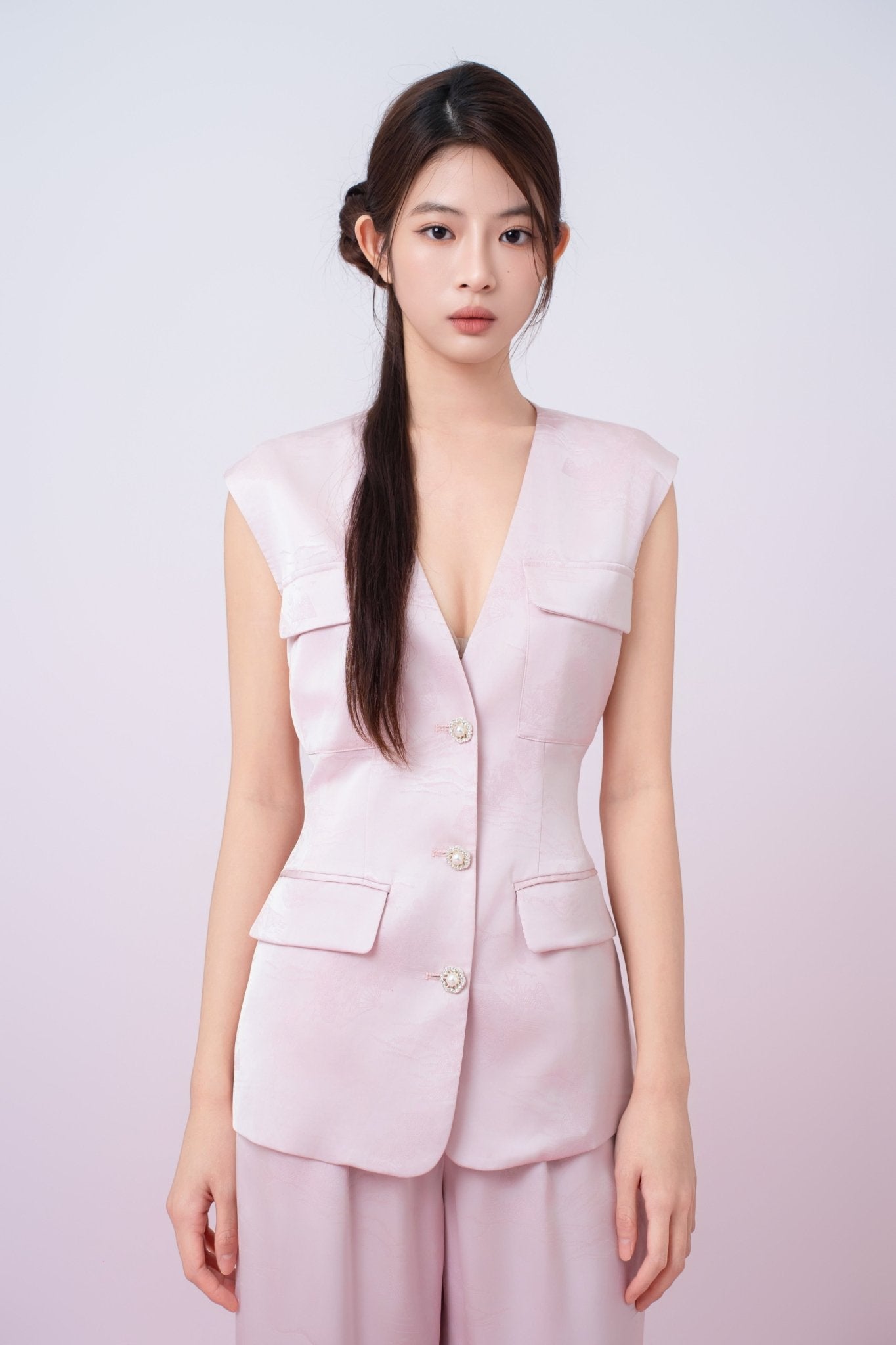 Kamryn Light Pink Jacquard Sleeveless Vest Top - Nimisski