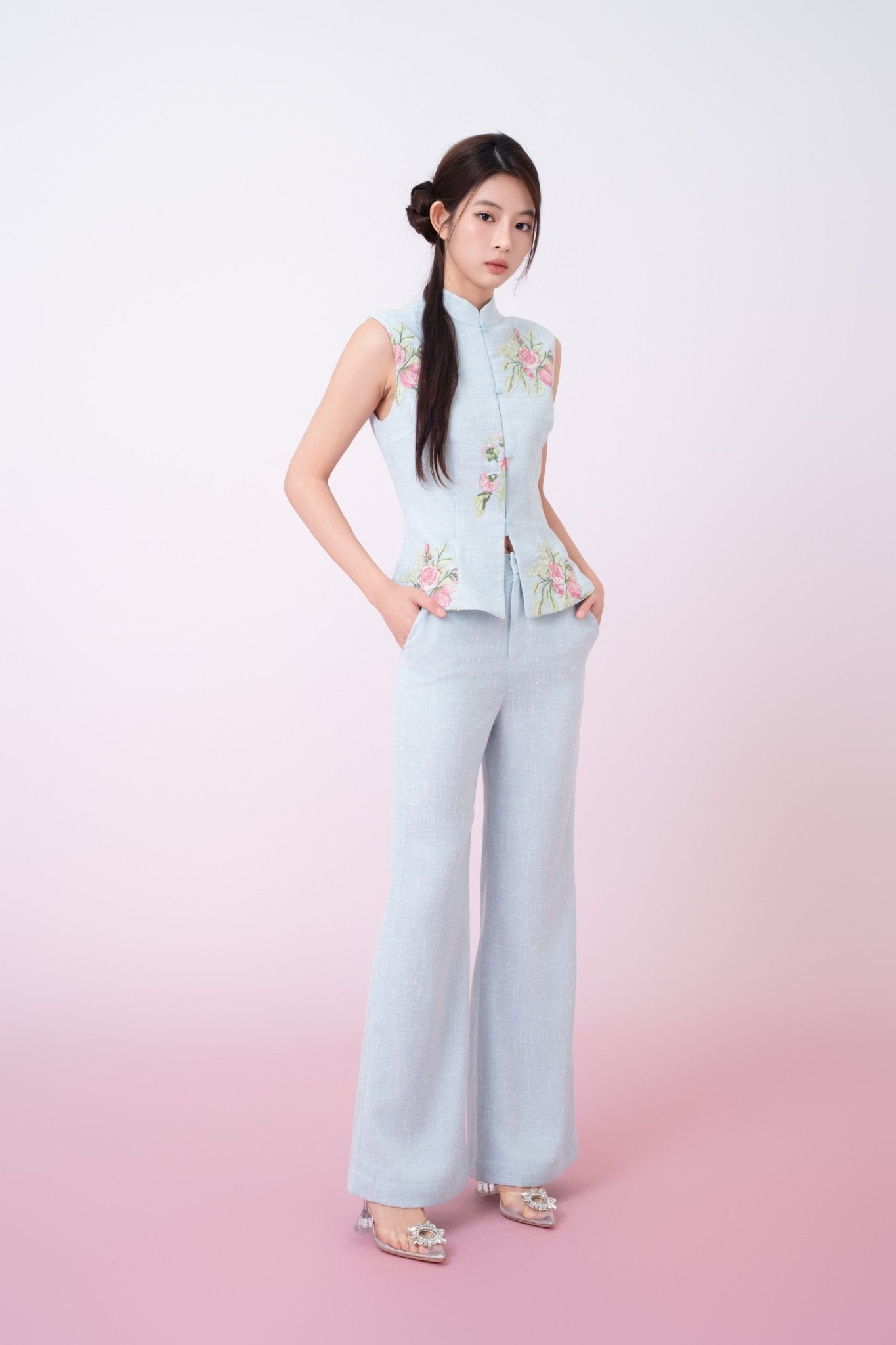 Kaleah Light Blue With Floral Embroidered Flare Pants - Nimisski