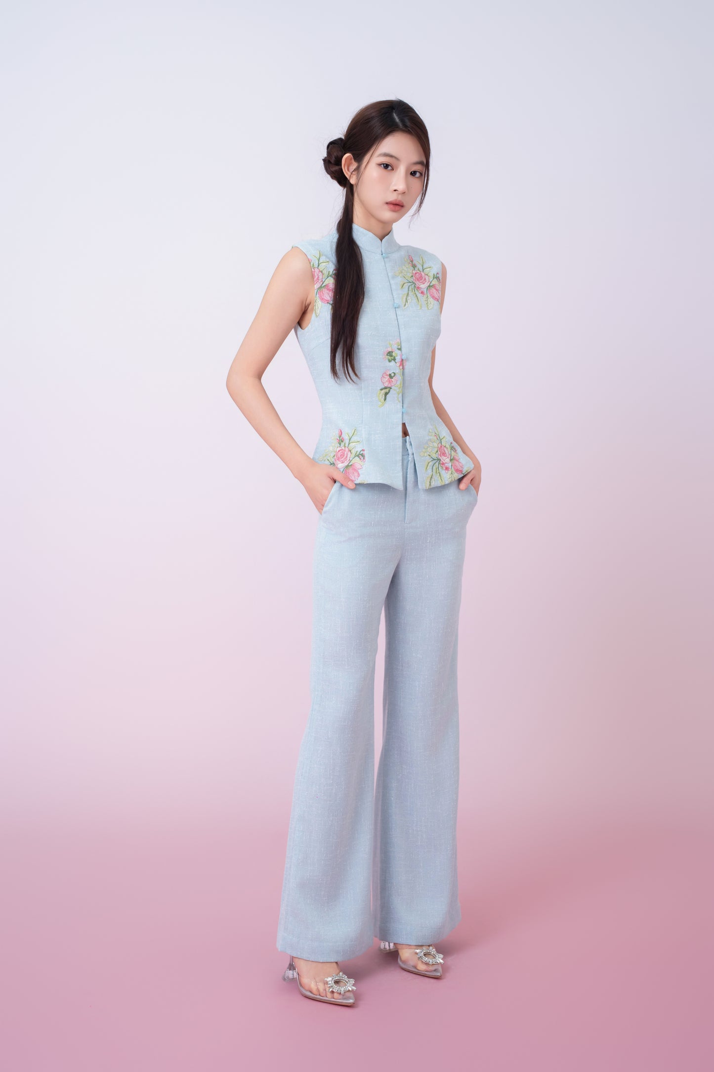 Kaleah Light Blue With Floral Embroidered Flare Pants