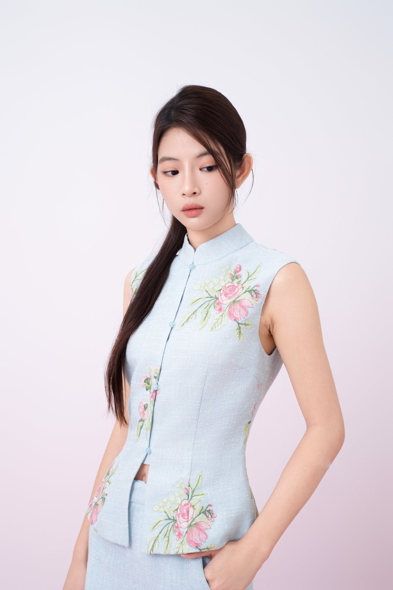 Kaleah Light Blue With Floral Embroidered Mandarin Collar Top - Nimisski