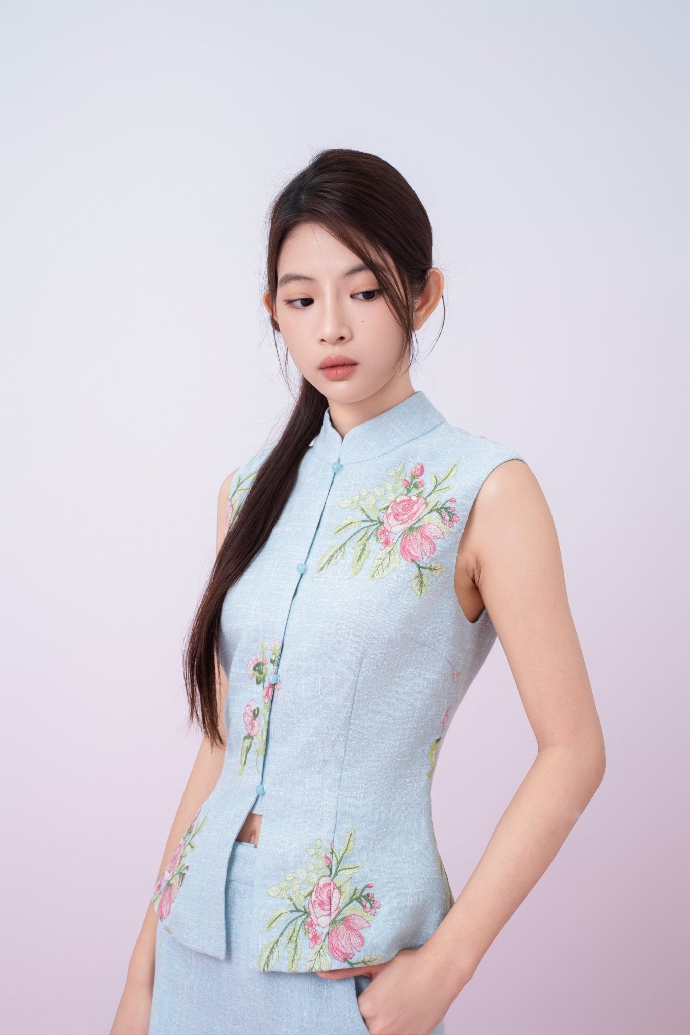 Kaleah Light Blue With Floral Embroidered Mandarin Collar Top - Nimisski