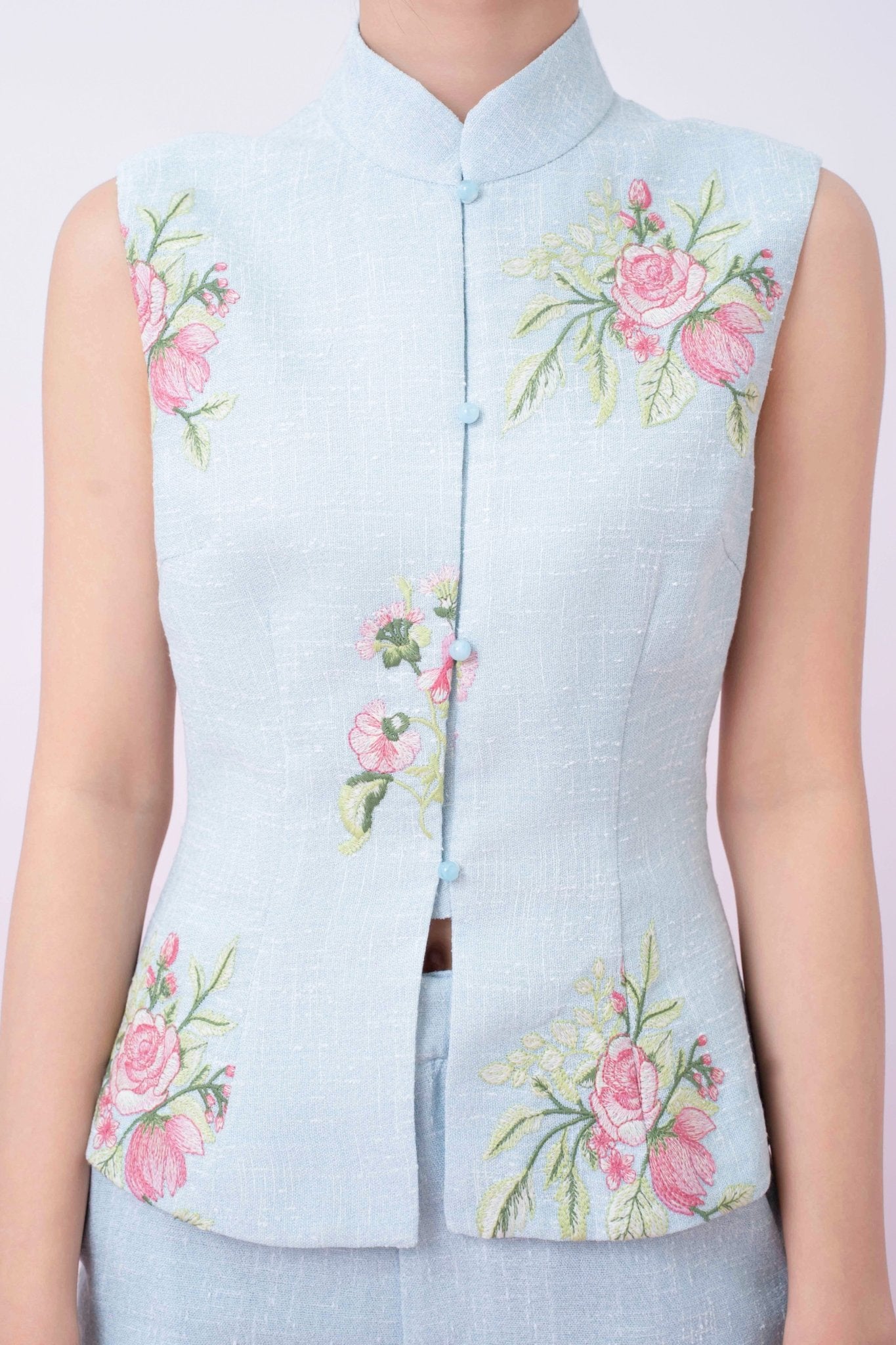 Kaleah Light Blue With Floral Embroidered Mandarin Collar Top - Nimisski