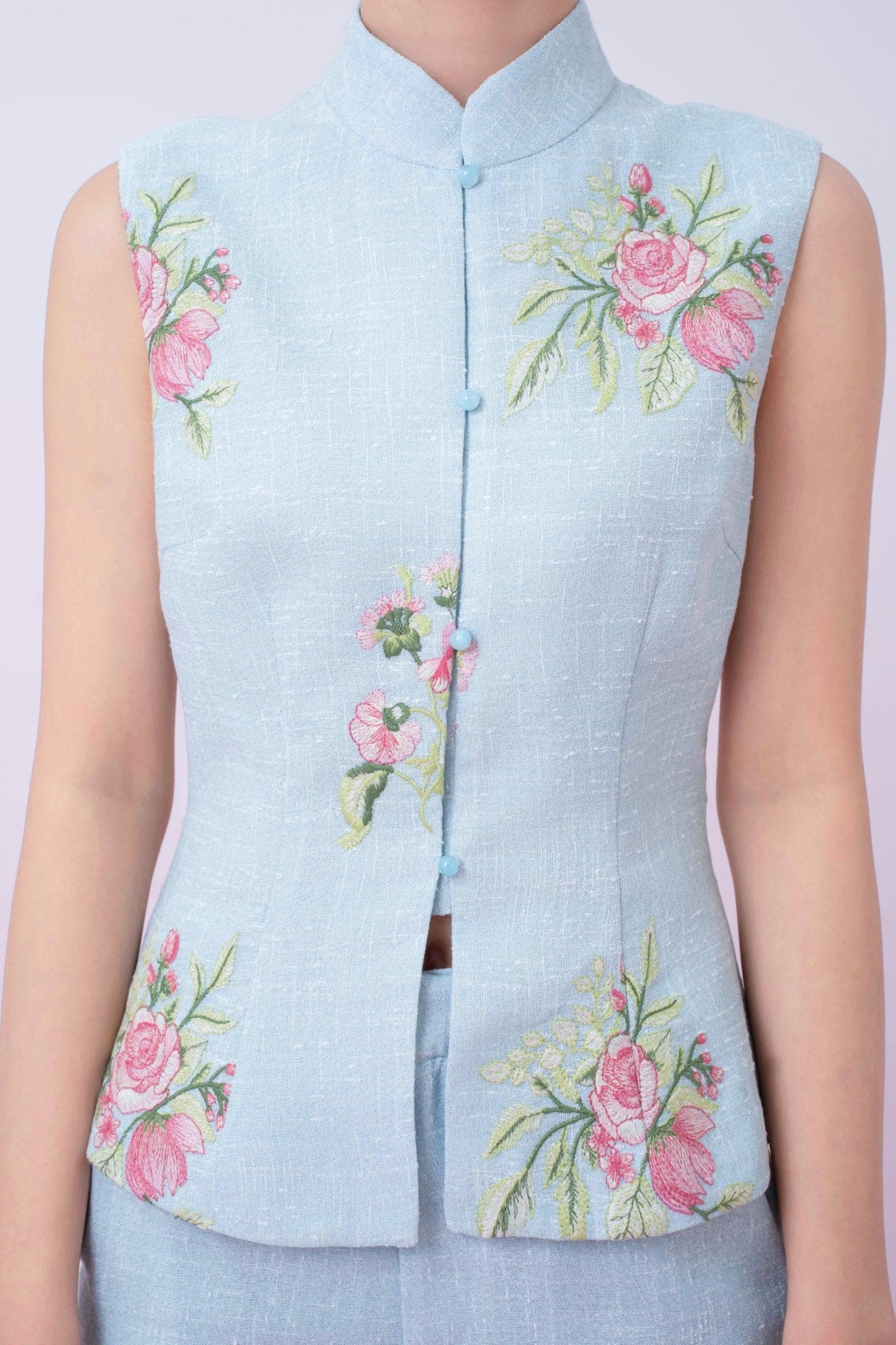 Kaleah Light Blue With Floral Embroidered Mandarin Collar Top - Nimisski