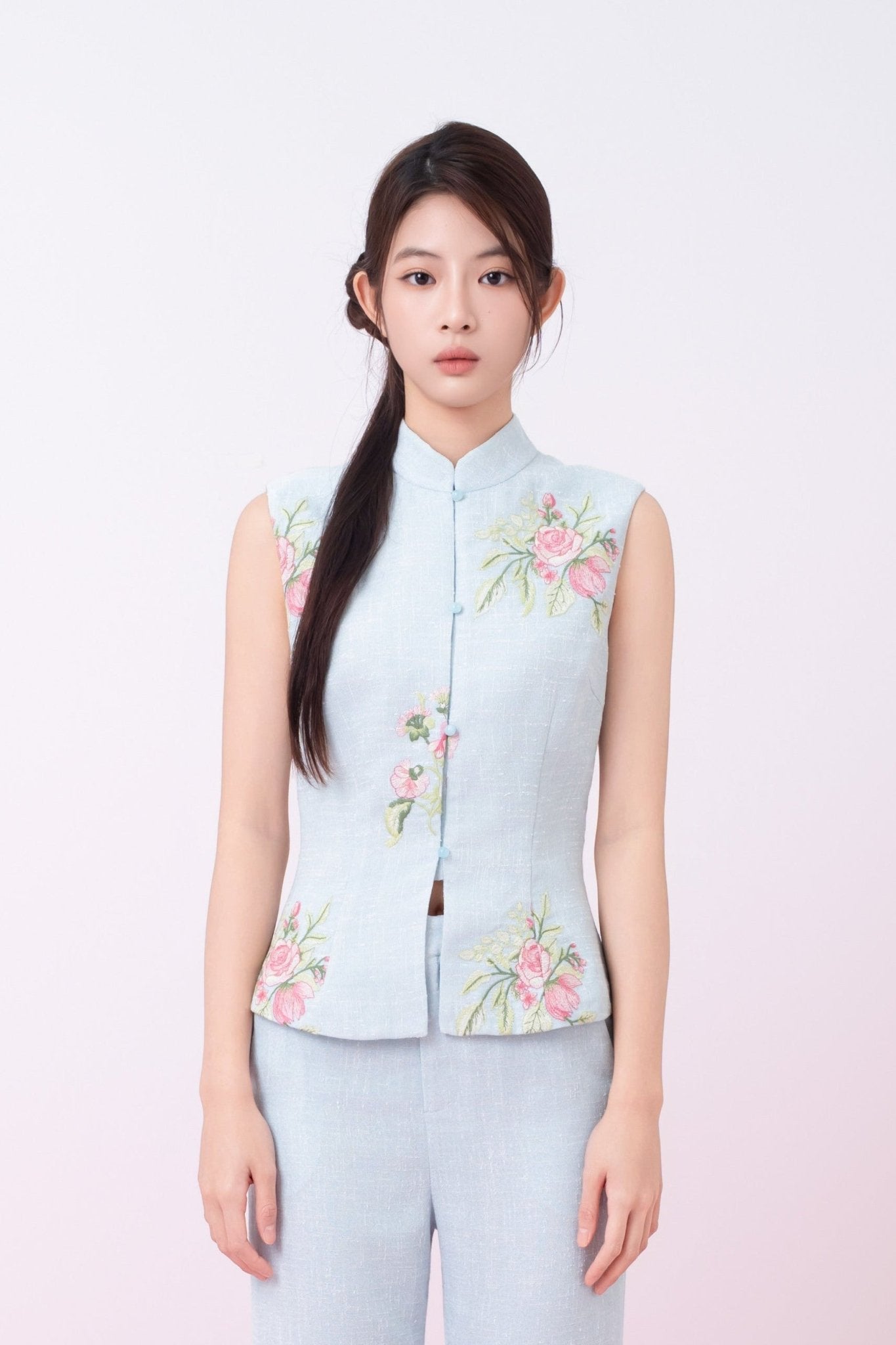 Kaleah Light Blue With Floral Embroidered Mandarin Collar Top - Nimisski