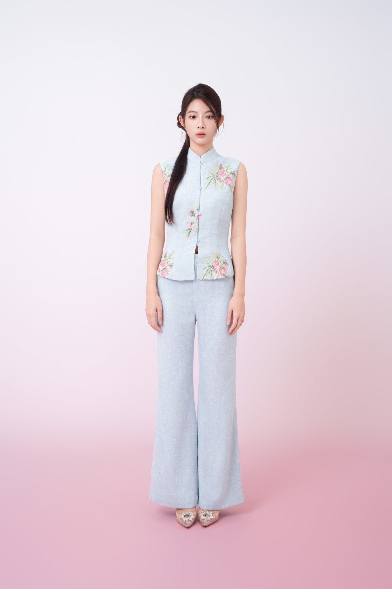 Kaleah Light Blue With Floral Embroidered Mandarin Collar Top - Nimisski