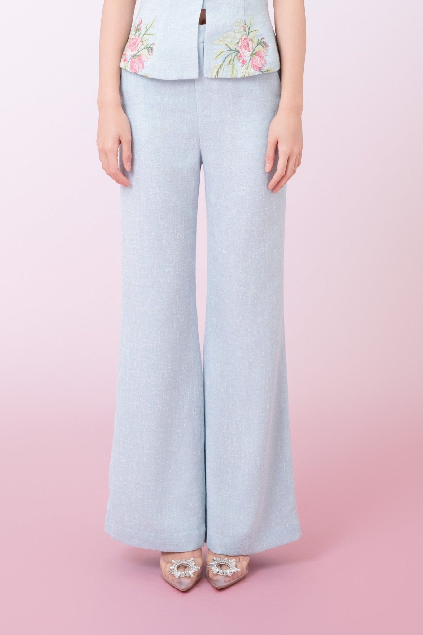 Kaleah Light Blue With Floral Embroidered Flare Pants - Nimisski
