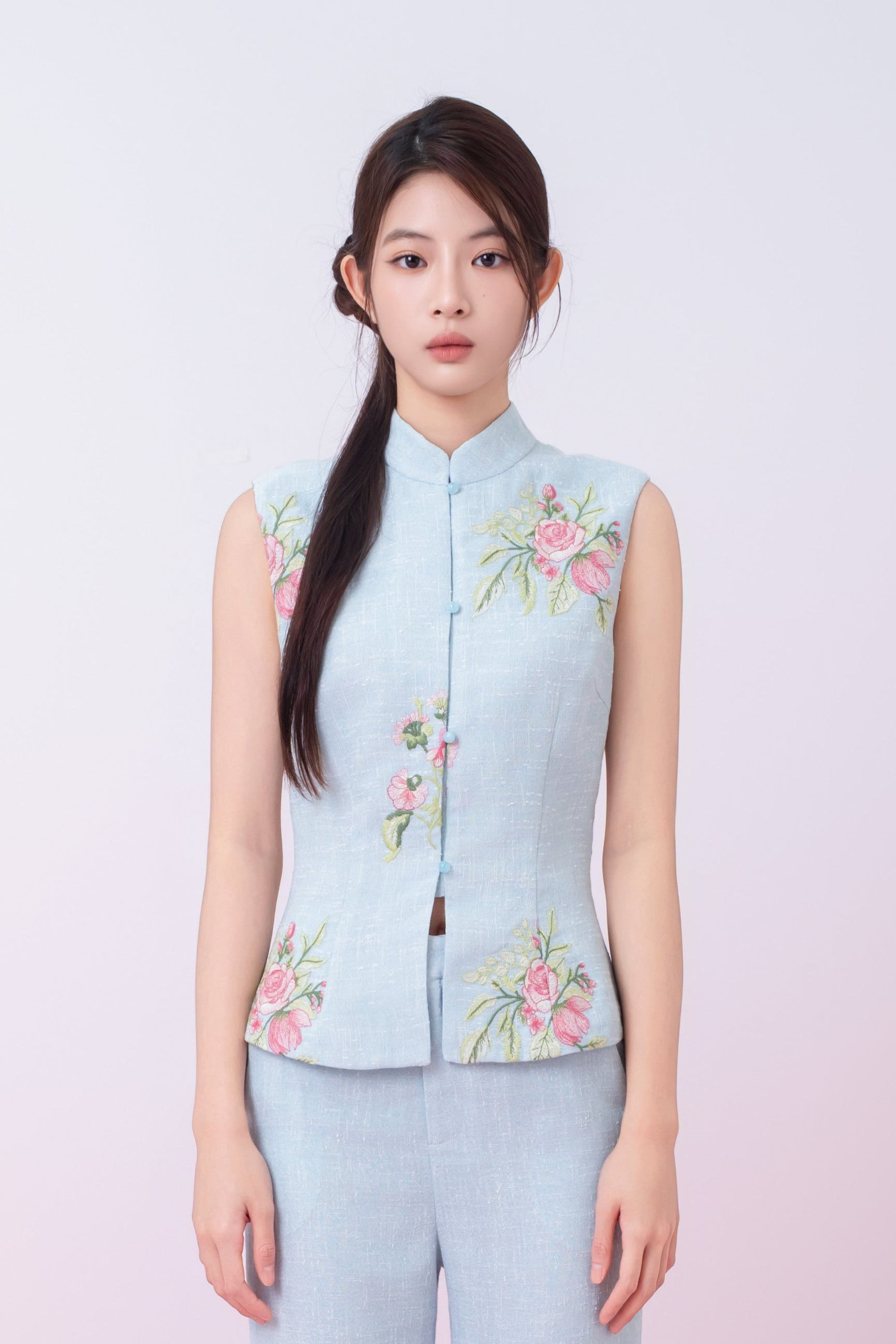 Kaleah Light Blue With Floral Embroidered Mandarin Collar Top