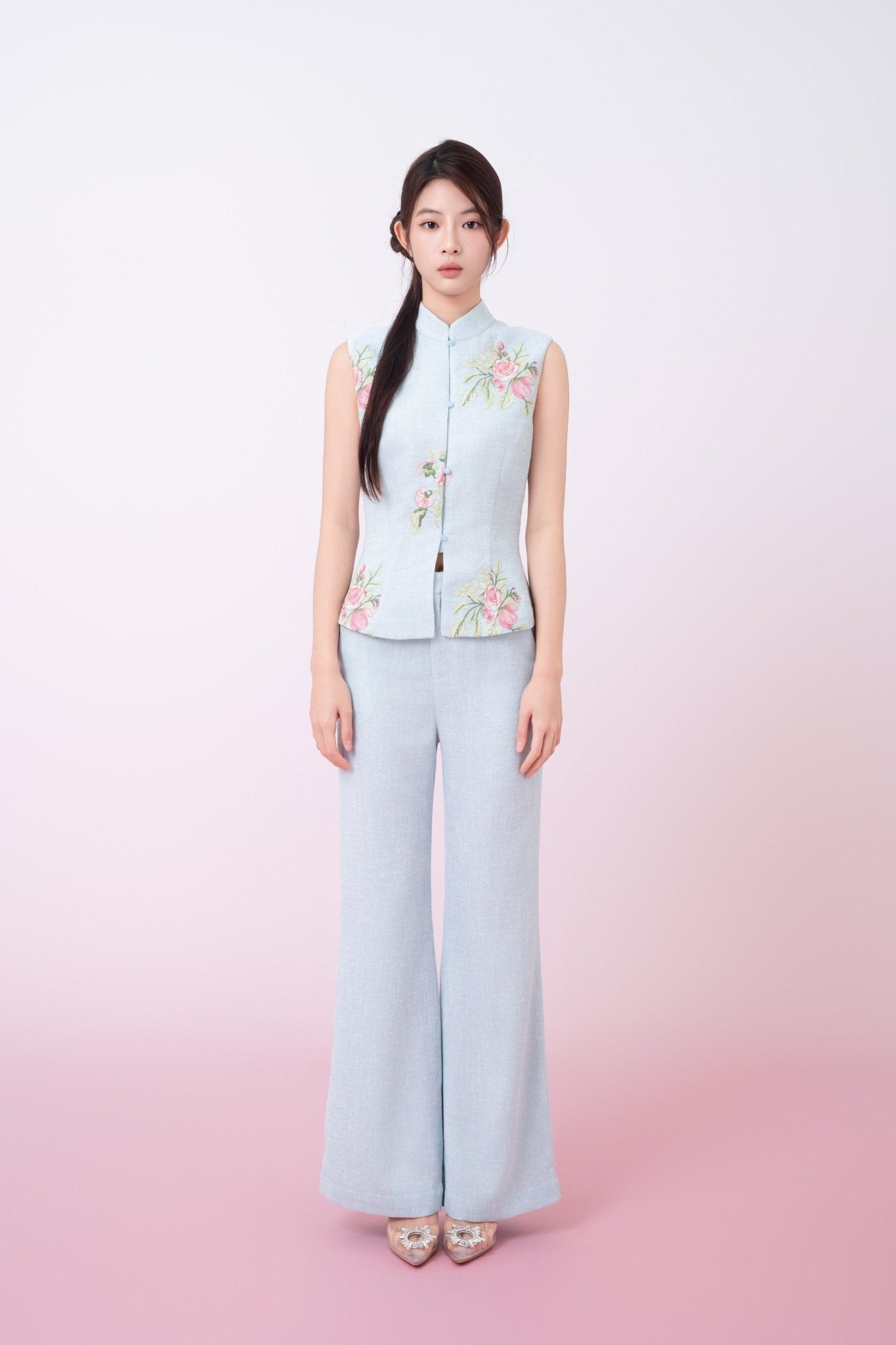 Kaleah Light Blue With Floral Embroidered Flare Pants - Nimisski