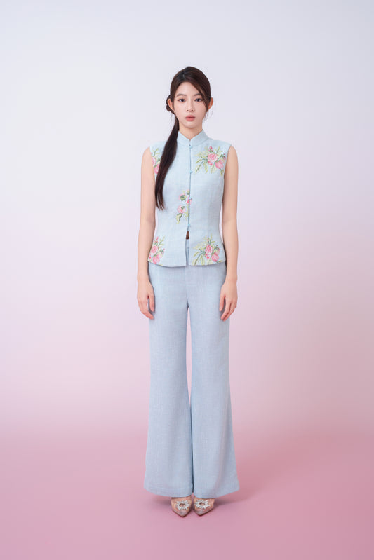 Kaleah Light Blue With Floral Embroidered Mandarin Collar Top
