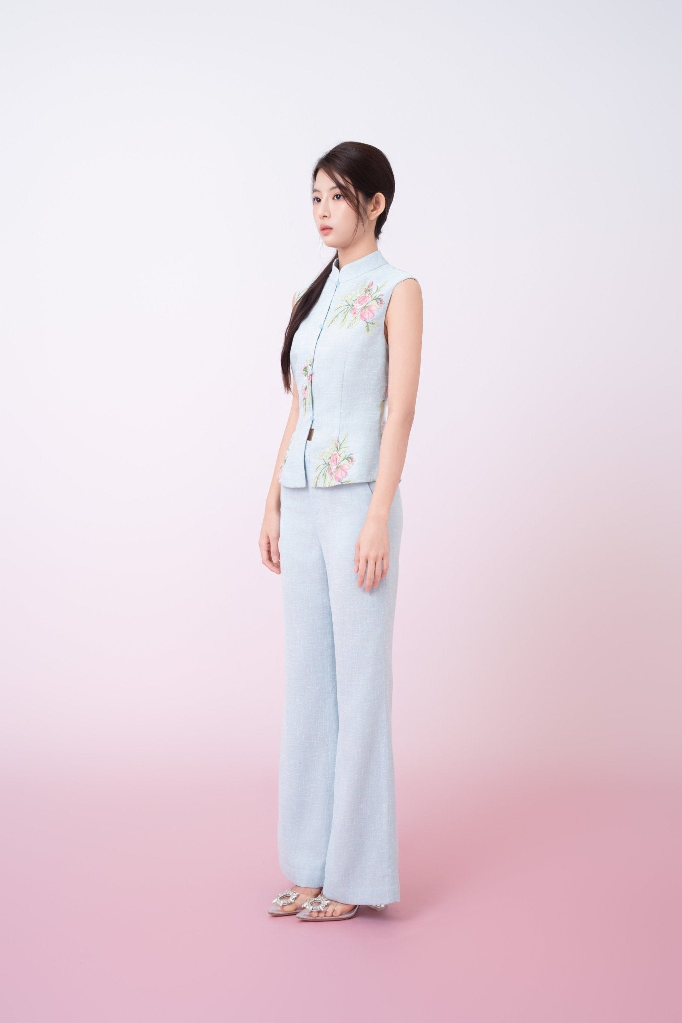 Kaleah Light Blue With Floral Embroidered Flare Pants - Nimisski