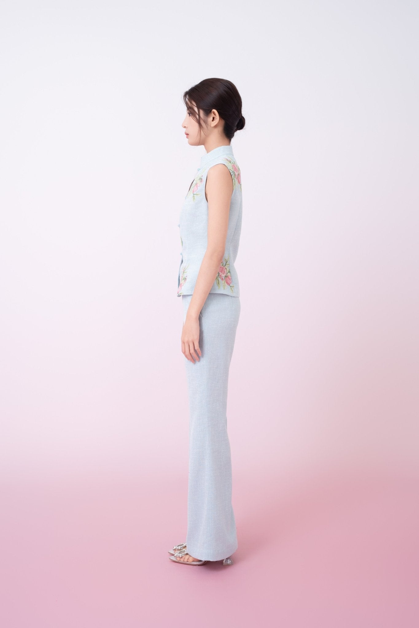 Kaleah Light Blue With Floral Embroidered Mandarin Collar Top - Nimisski