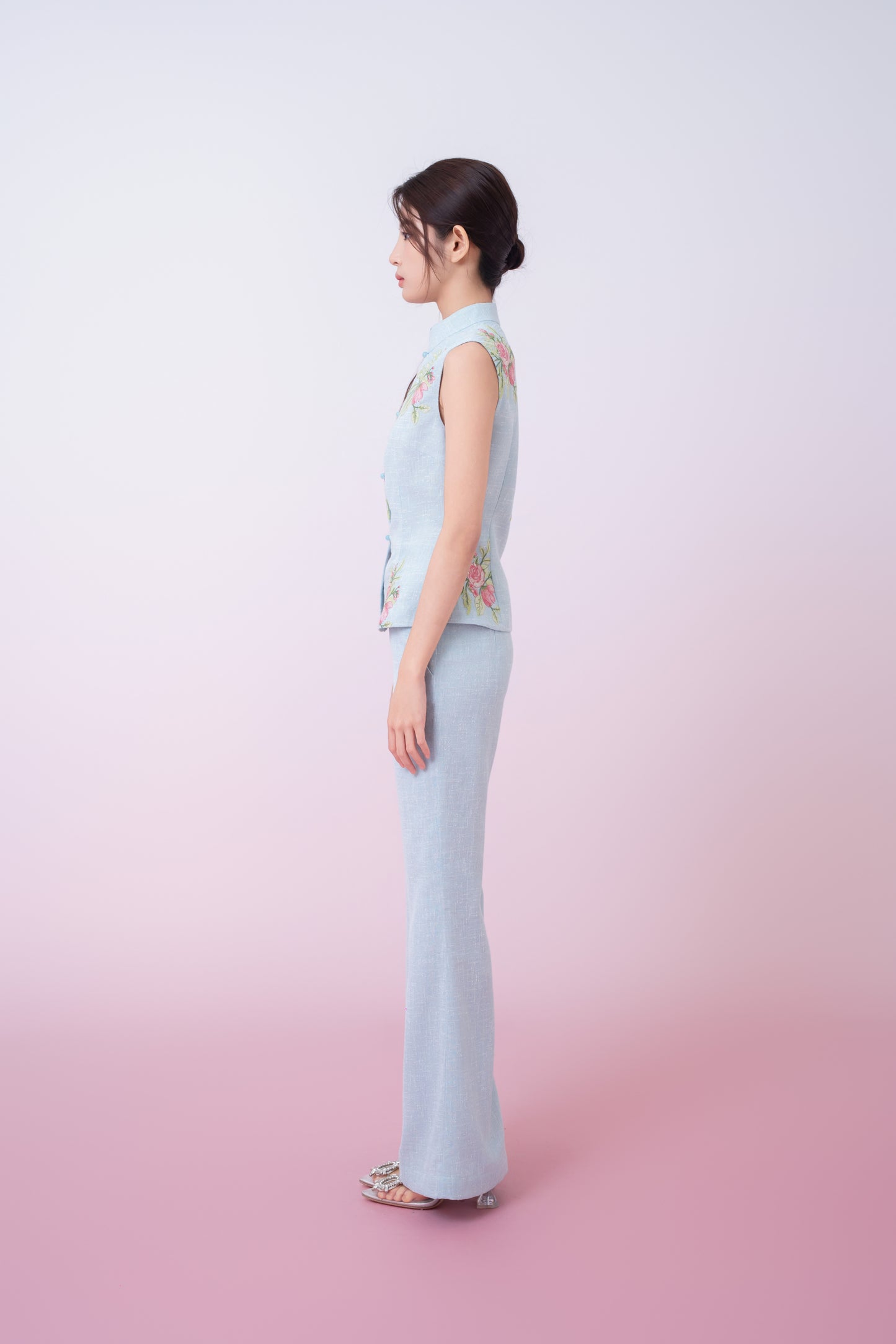 Kaleah Light Blue With Floral Embroidered Flare Pants