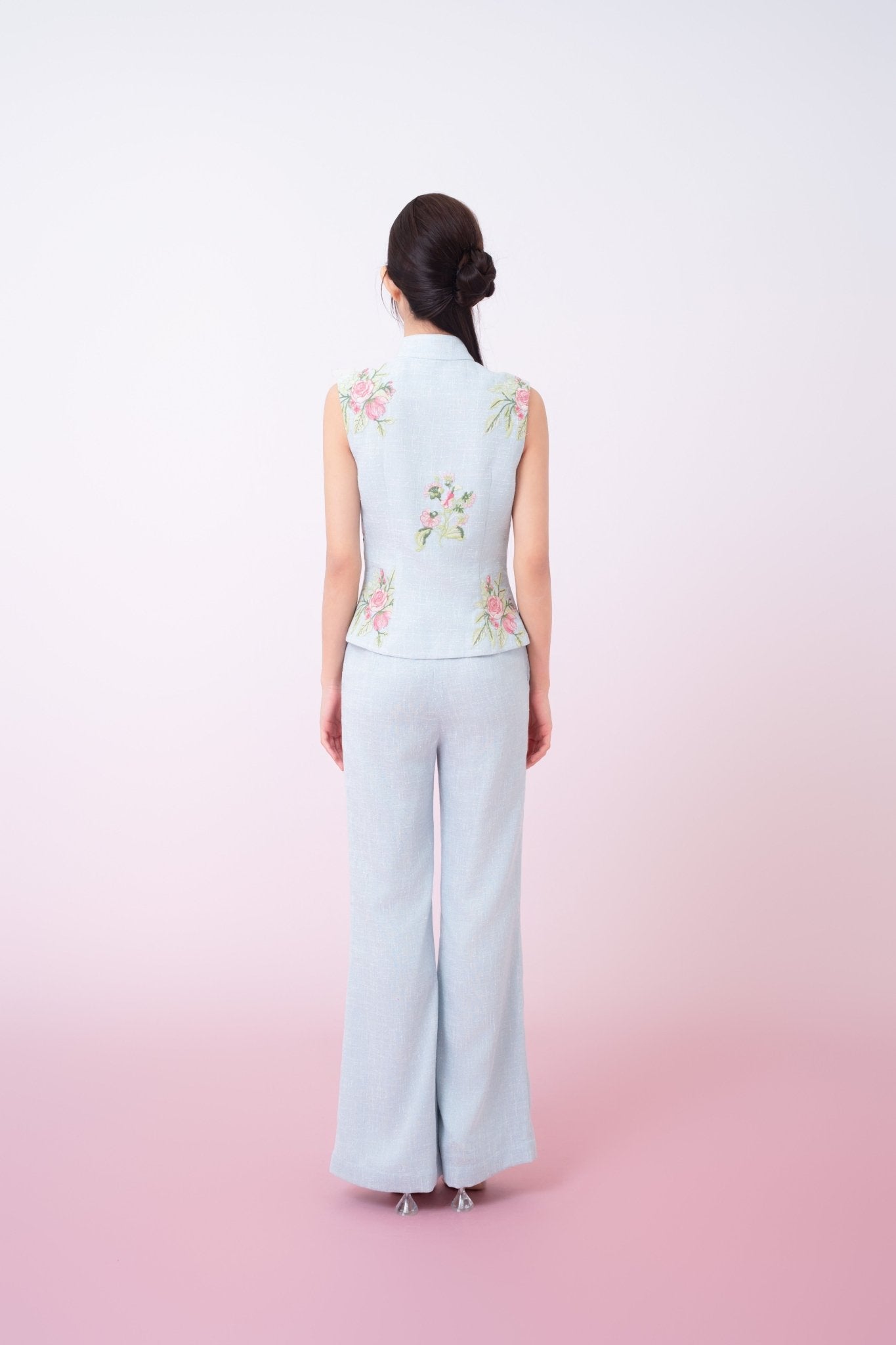 Kaleah Light Blue With Floral Embroidered Flare Pants - Nimisski