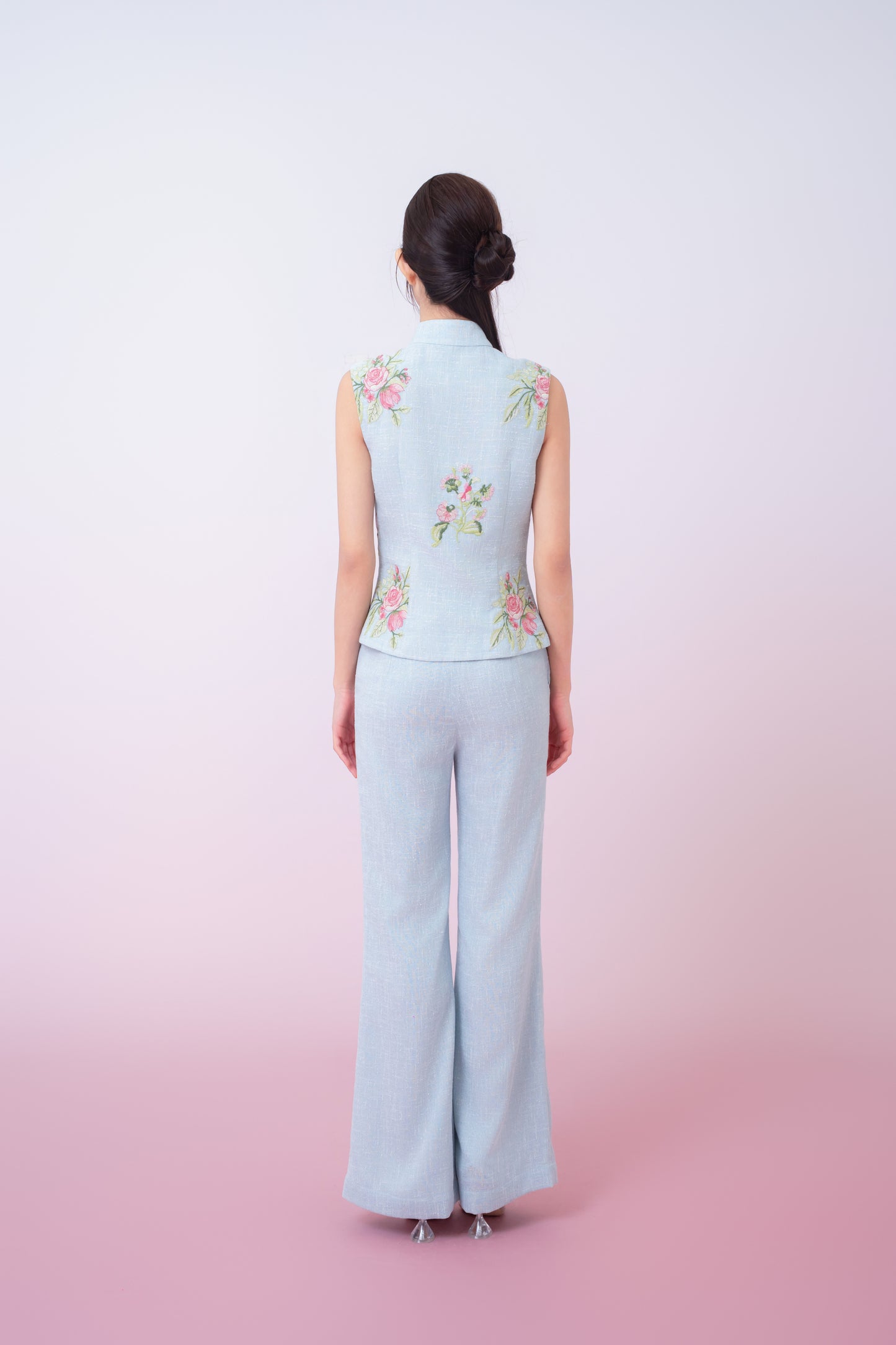 Kaleah Light Blue With Floral Embroidered Flare Pants