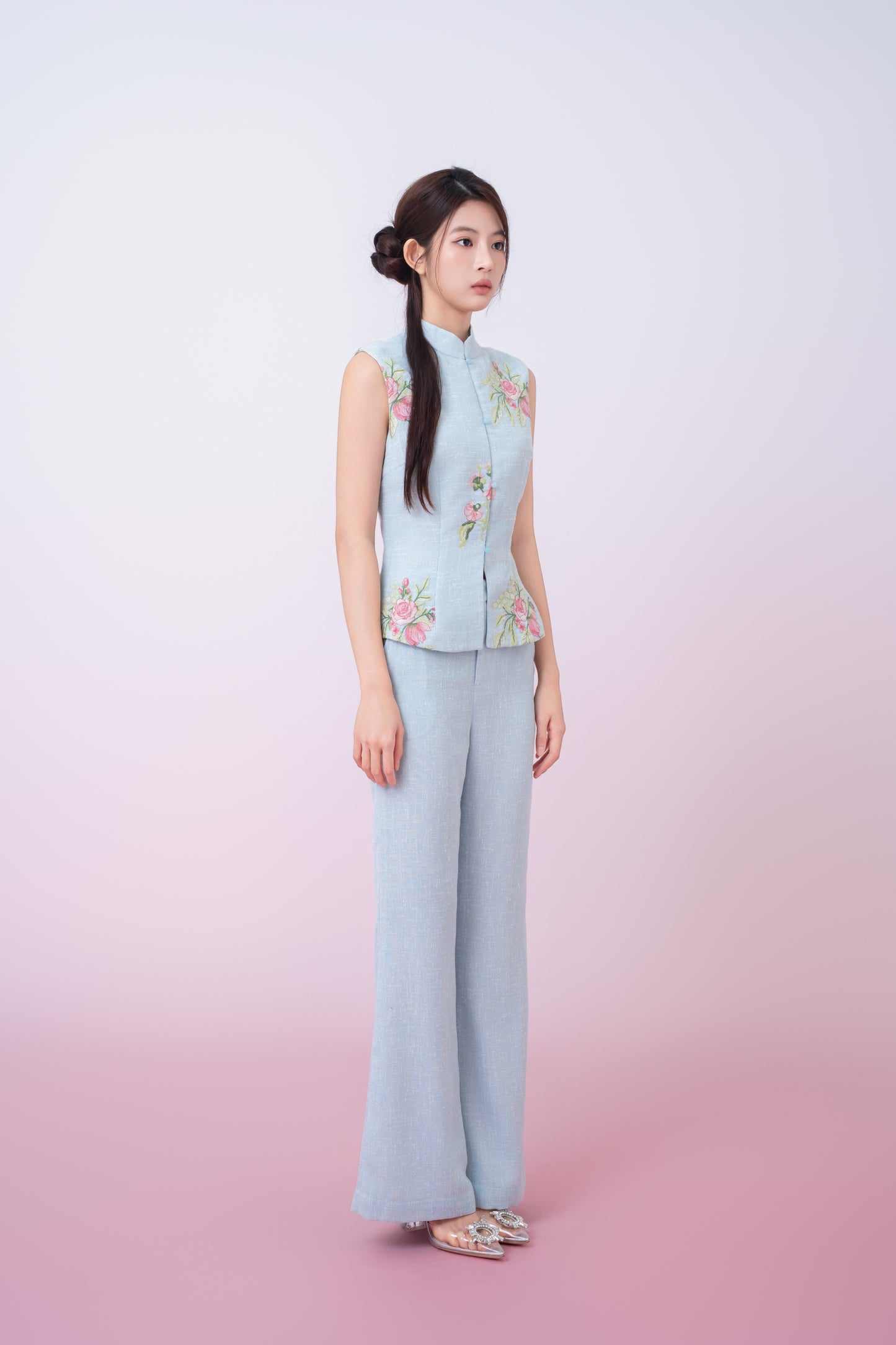 Kaleah Light Blue With Floral Embroidered Flare Pants