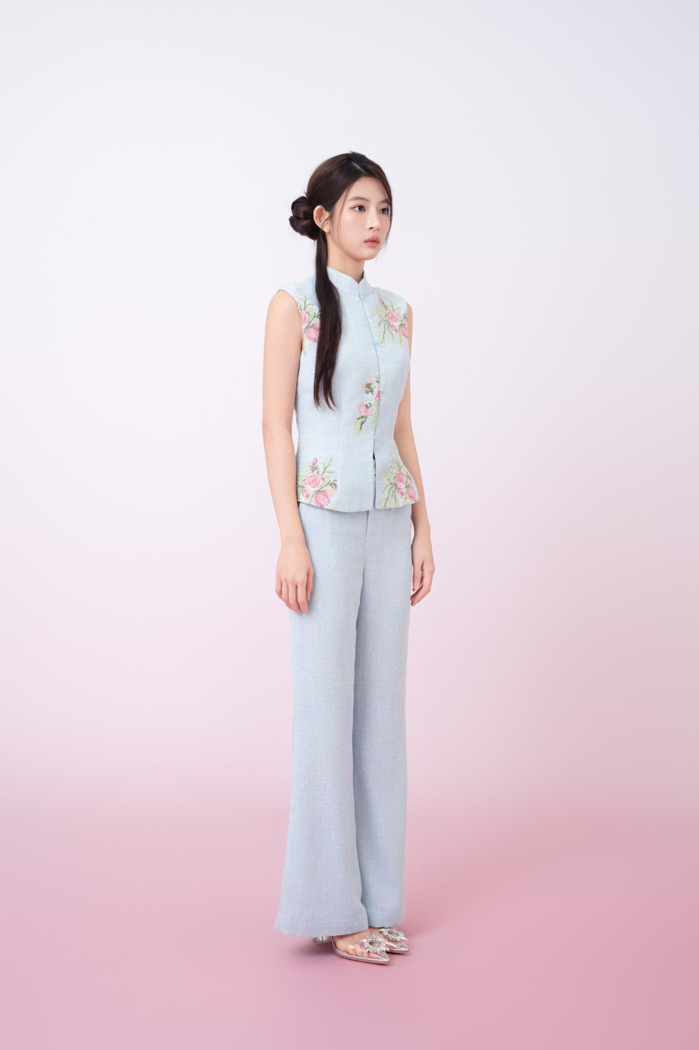 Kaleah Light Blue With Floral Embroidered Flare Pants - Nimisski