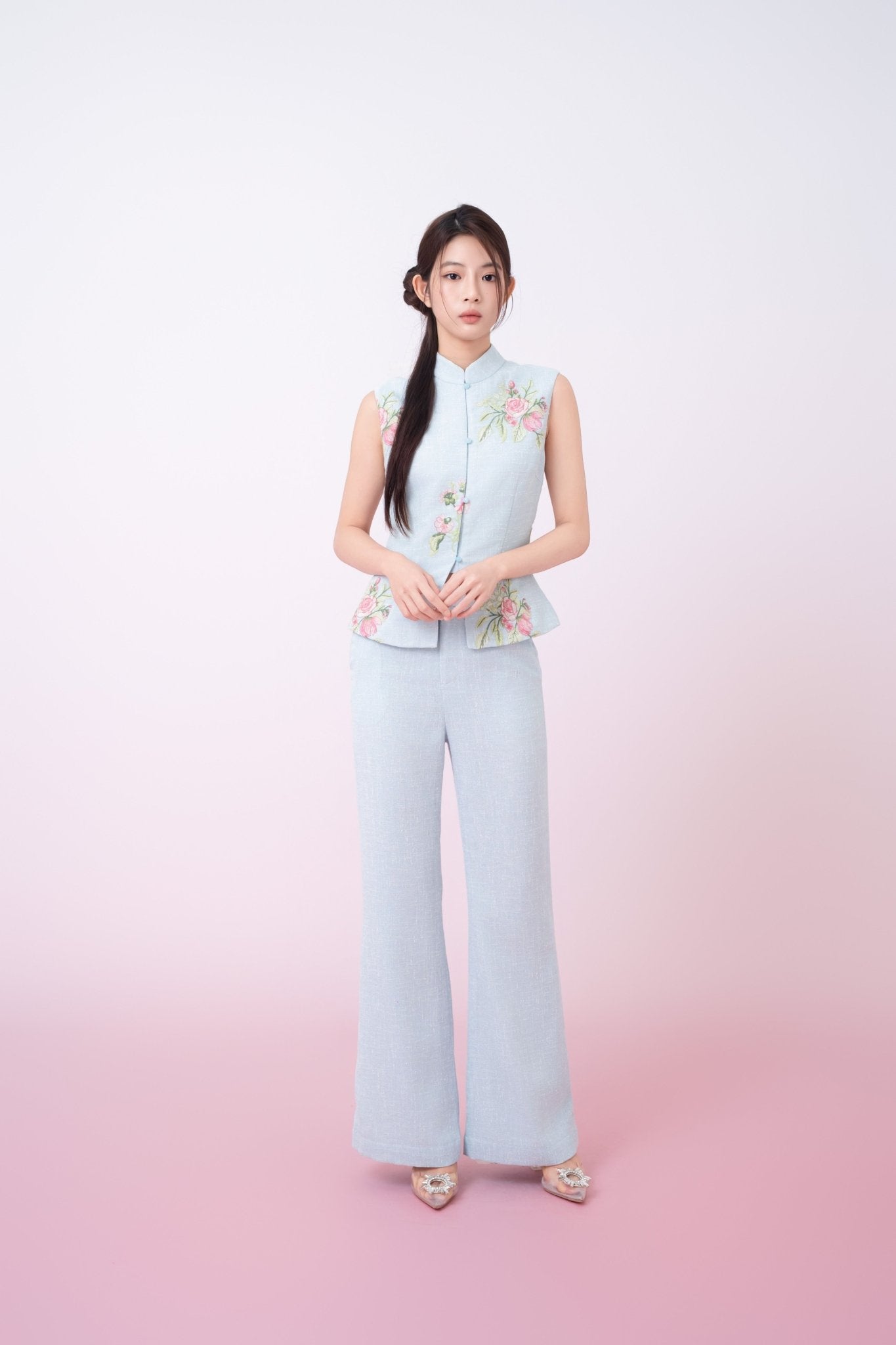 Kaleah Light Blue With Floral Embroidered Flare Pants - Nimisski