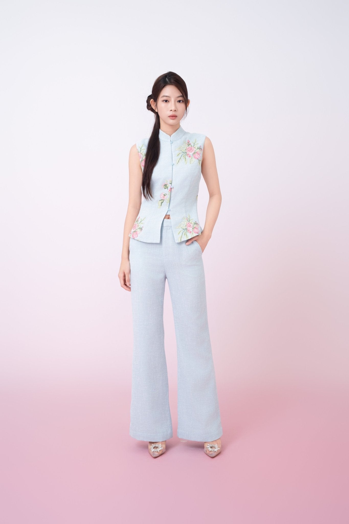 Kaleah Light Blue With Floral Embroidered Flare Pants - Nimisski