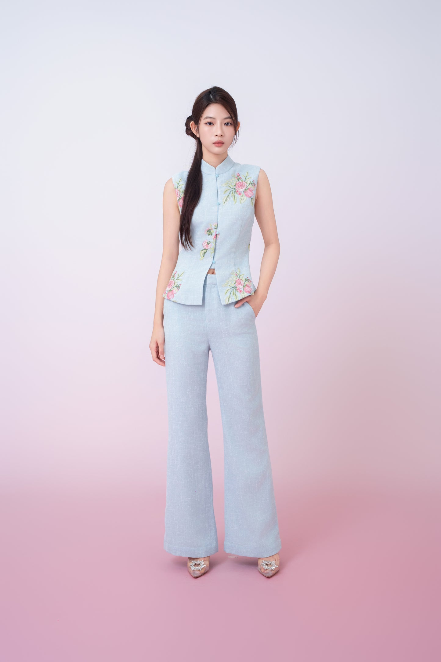 Kaleah Light Blue With Floral Embroidered Flare Pants