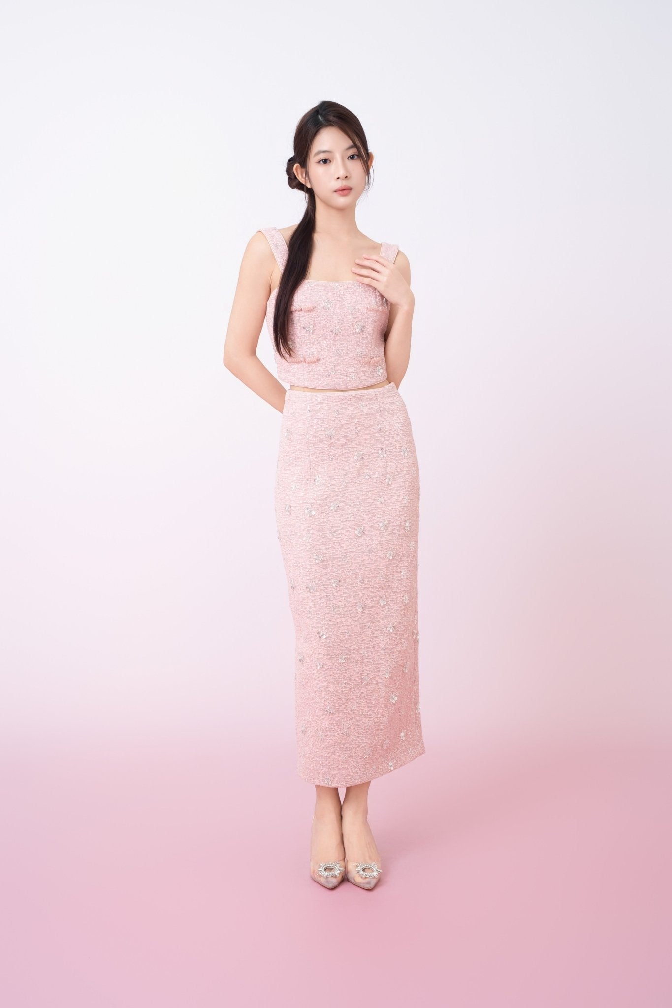 Kaylin Pink Tweed With Embellishments Midi Skirt - Nimisski