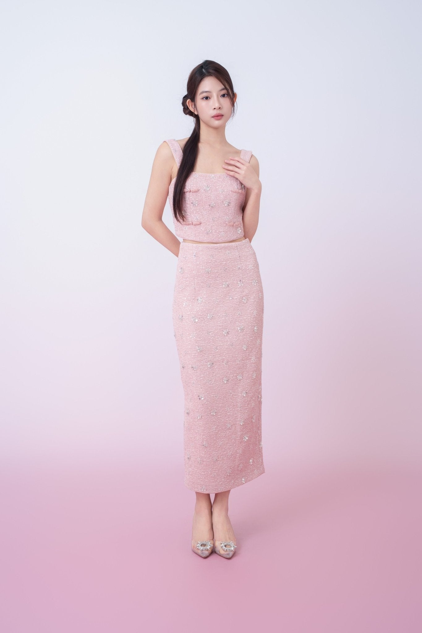 Kaylin Pink Tweed With Embellishments Midi Skirt - Nimisski