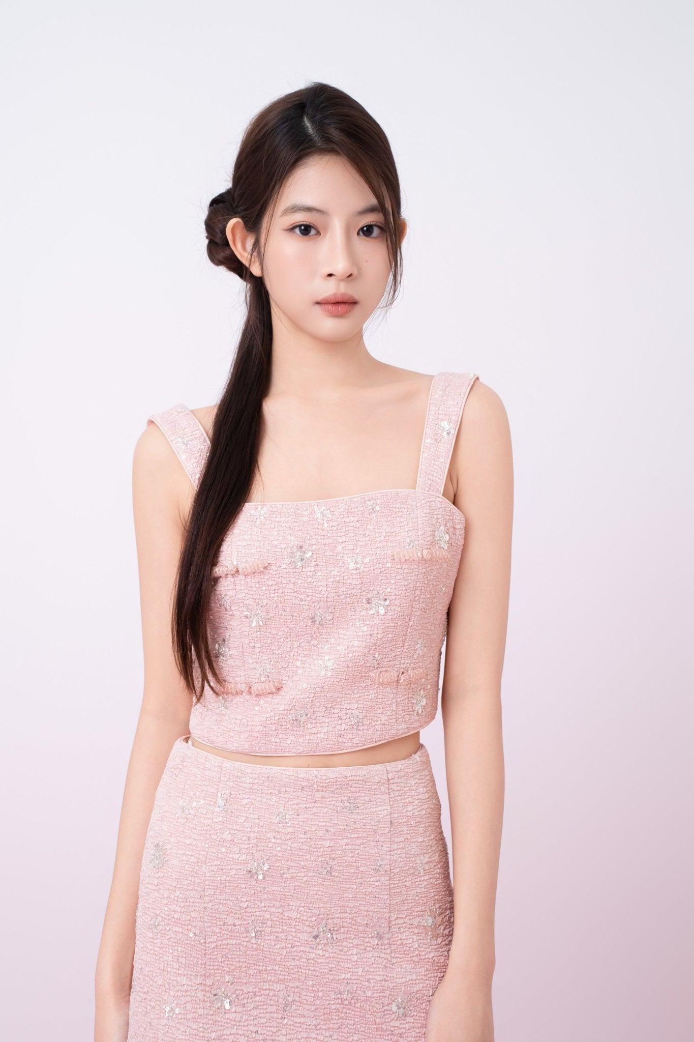 Kaylin Pink Tweed With Embellishments Strap Top - Nimisski