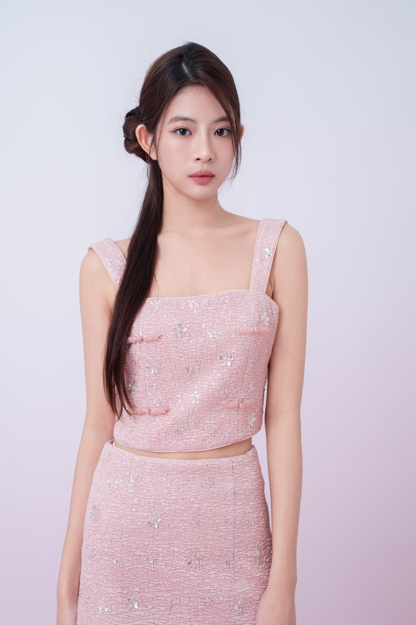 Kaylin Pink Tweed With Embellishments Strap Top - Nimisski