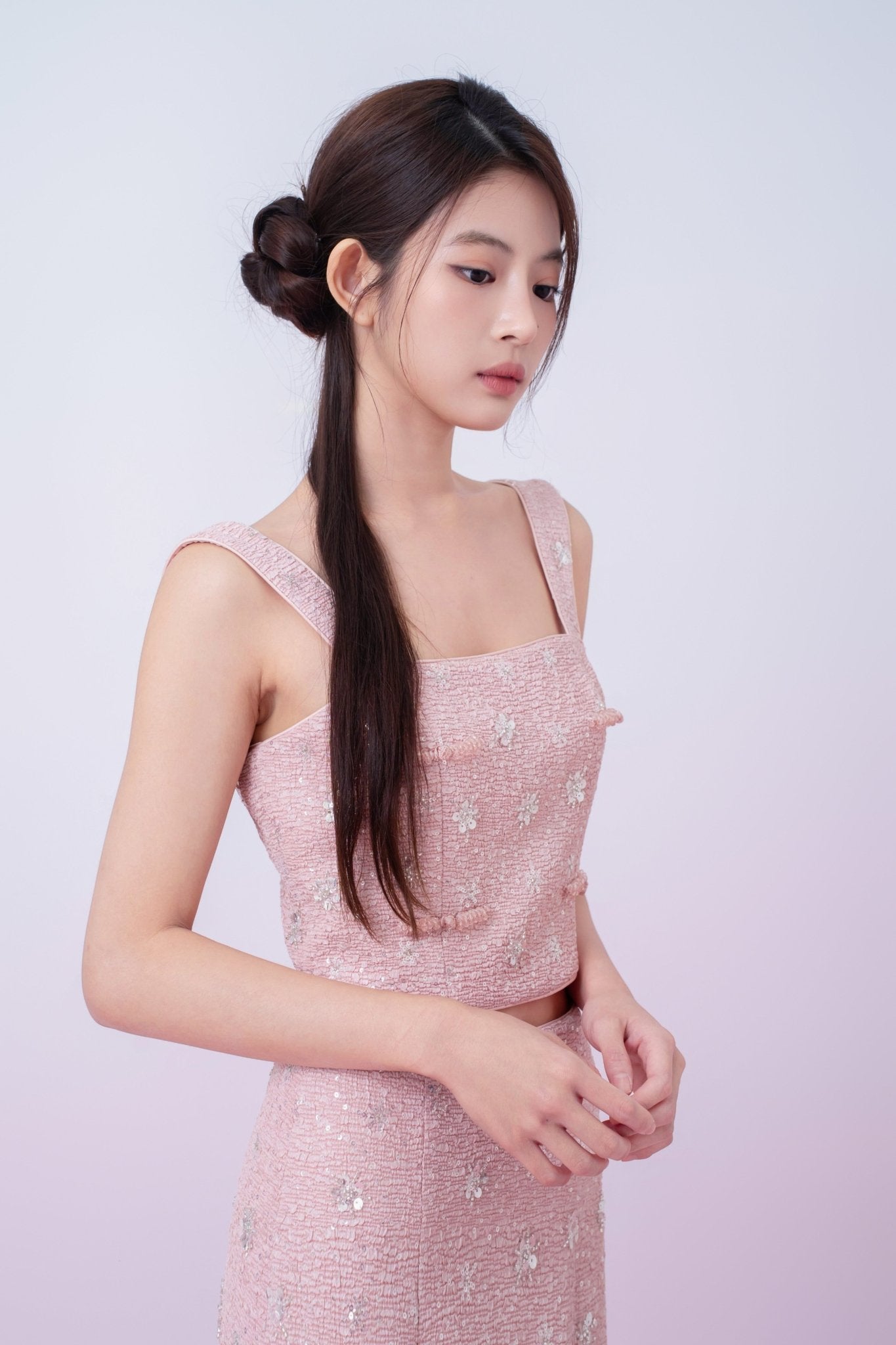 Kaylin Pink Tweed With Embellishments Strap Top - Nimisski