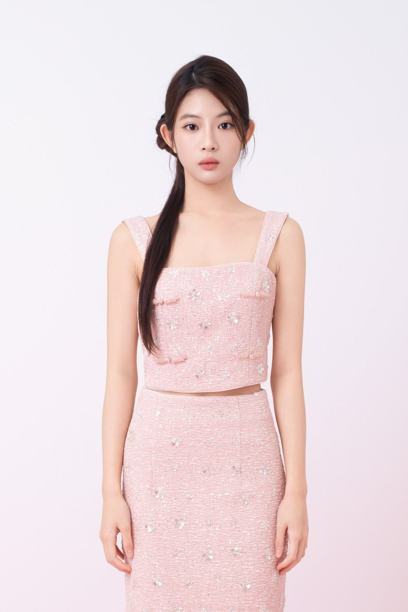 Kaylin Pink Tweed With Embellishments Strap Top - Nimisski