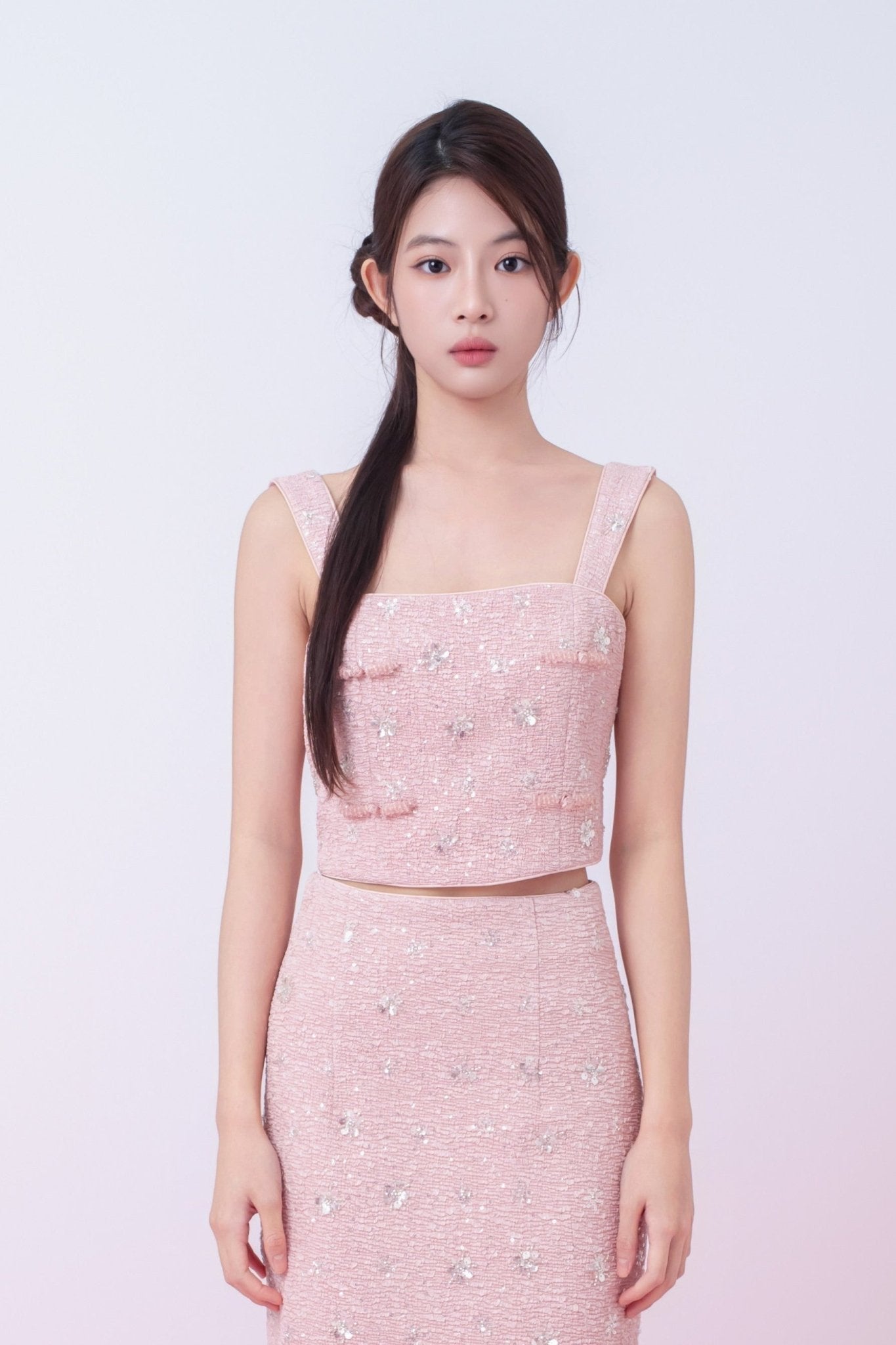 Kaylin Pink Tweed With Embellishments Strap Top - Nimisski