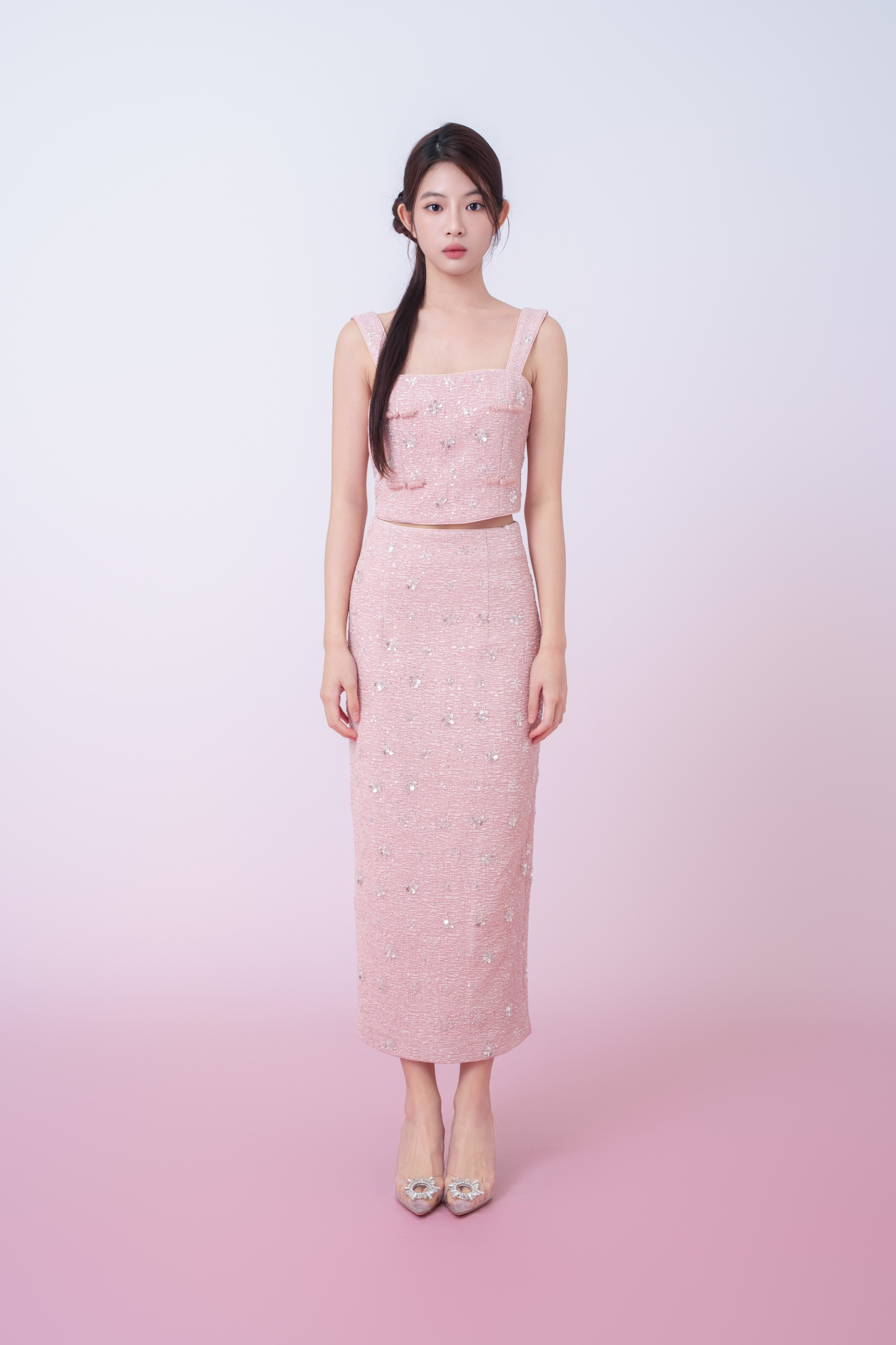 Kaylin Pink Tweed With Embellishments Midi Skirt