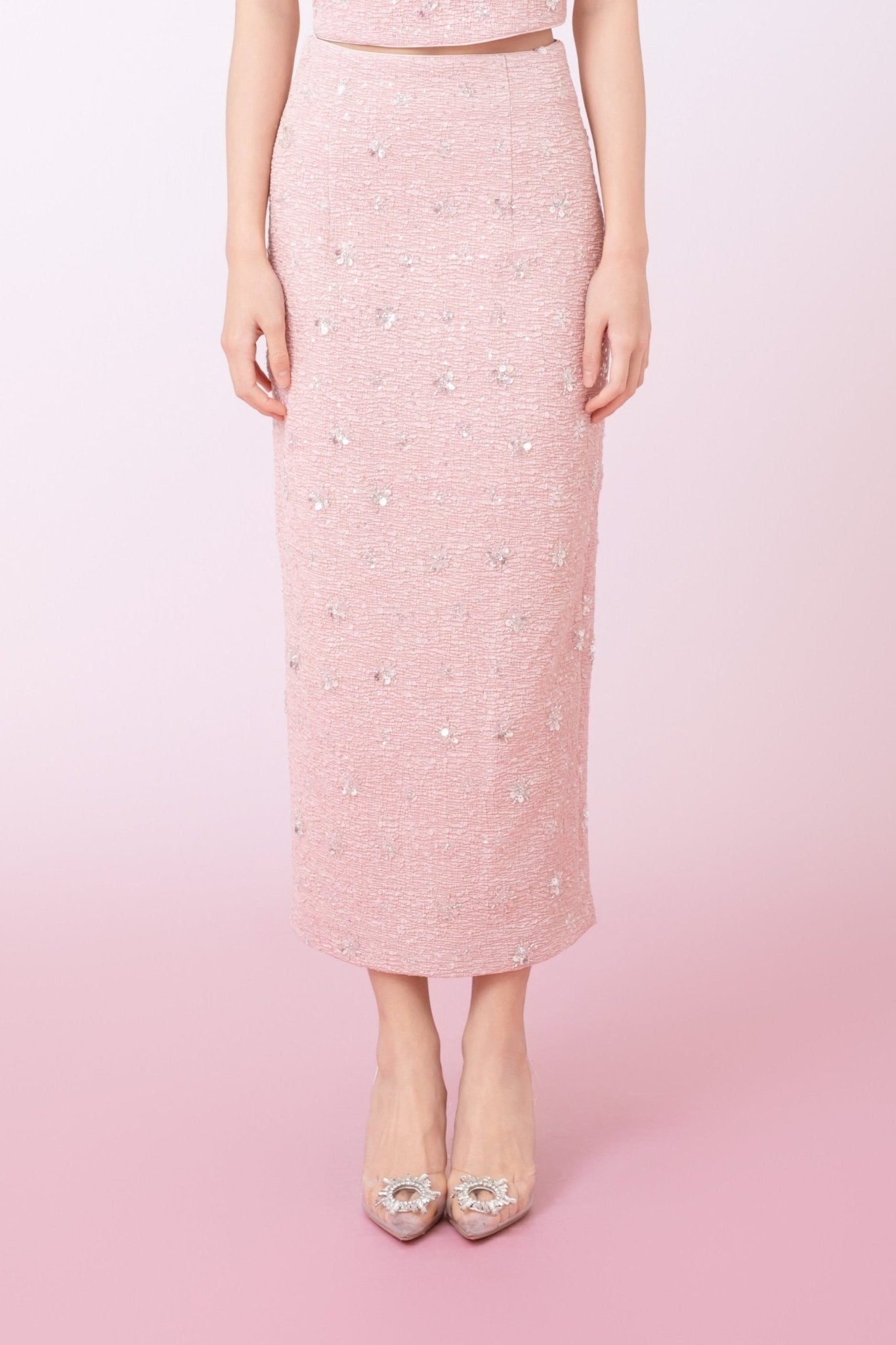 Kaylin Pink Tweed With Embellishments Midi Skirt - Nimisski