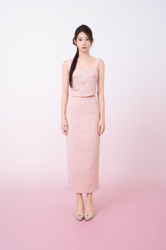 Kaylin Pink Tweed With Embellishments Strap Top - Nimisski