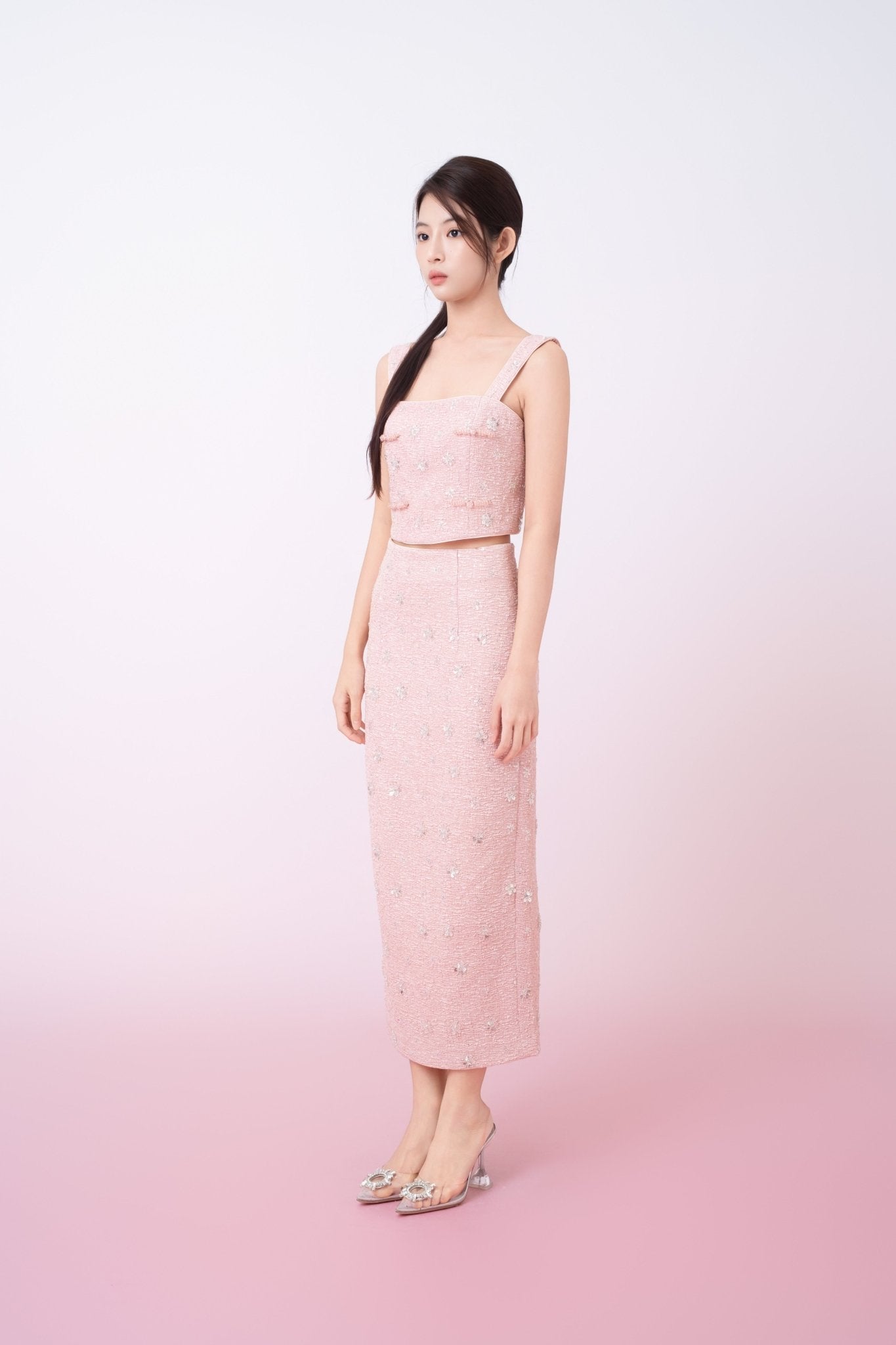 Kaylin Pink Tweed With Embellishments Strap Top - Nimisski