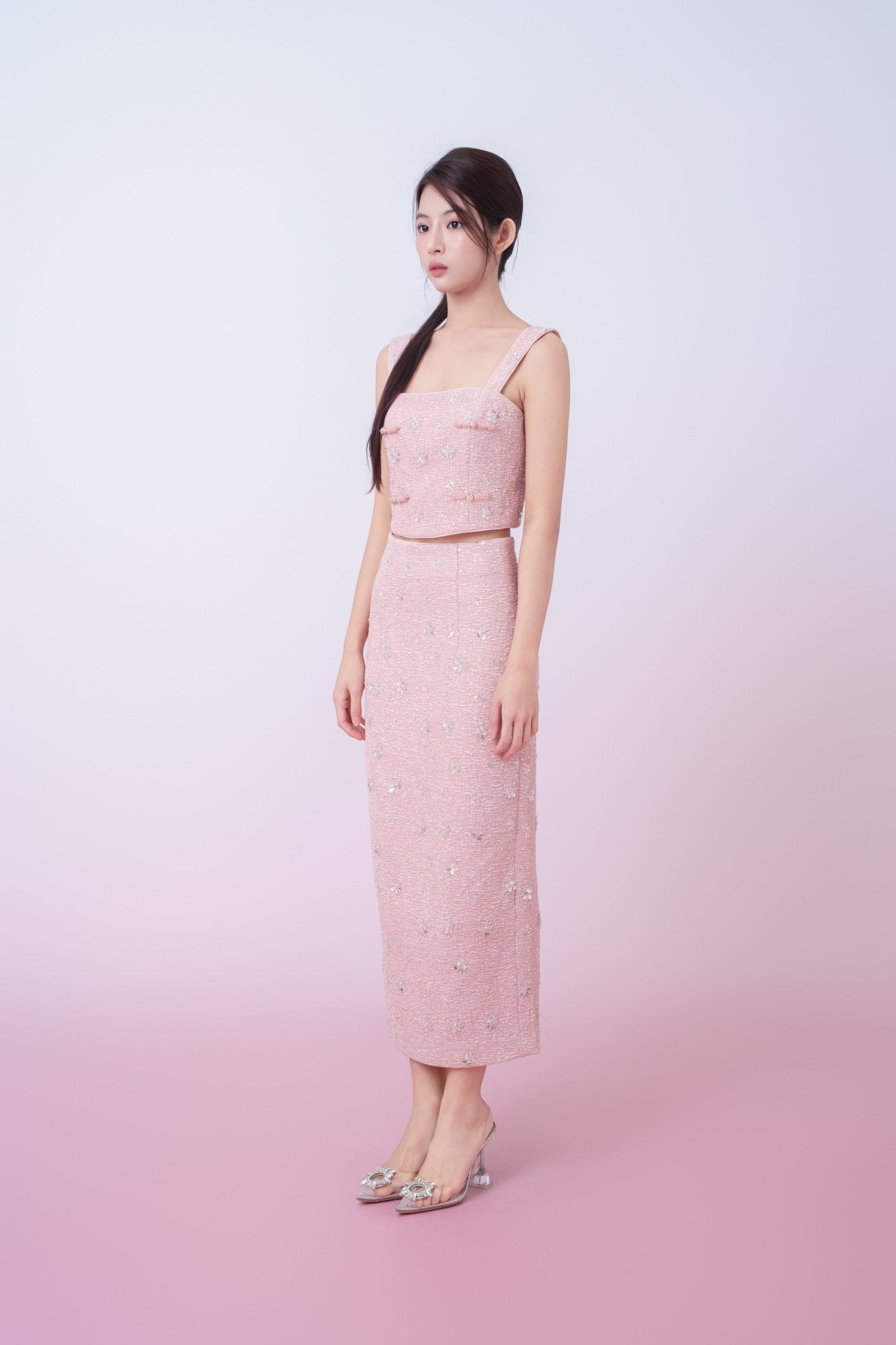Kaylin Pink Tweed With Embellishments Midi Skirt - Nimisski