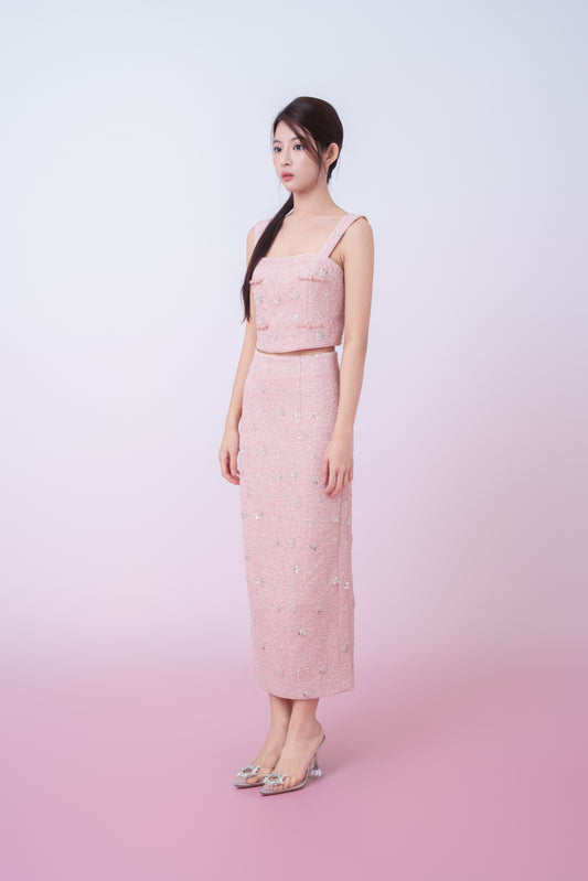 Kaylin Pink Tweed With Embellishments Midi Skirt