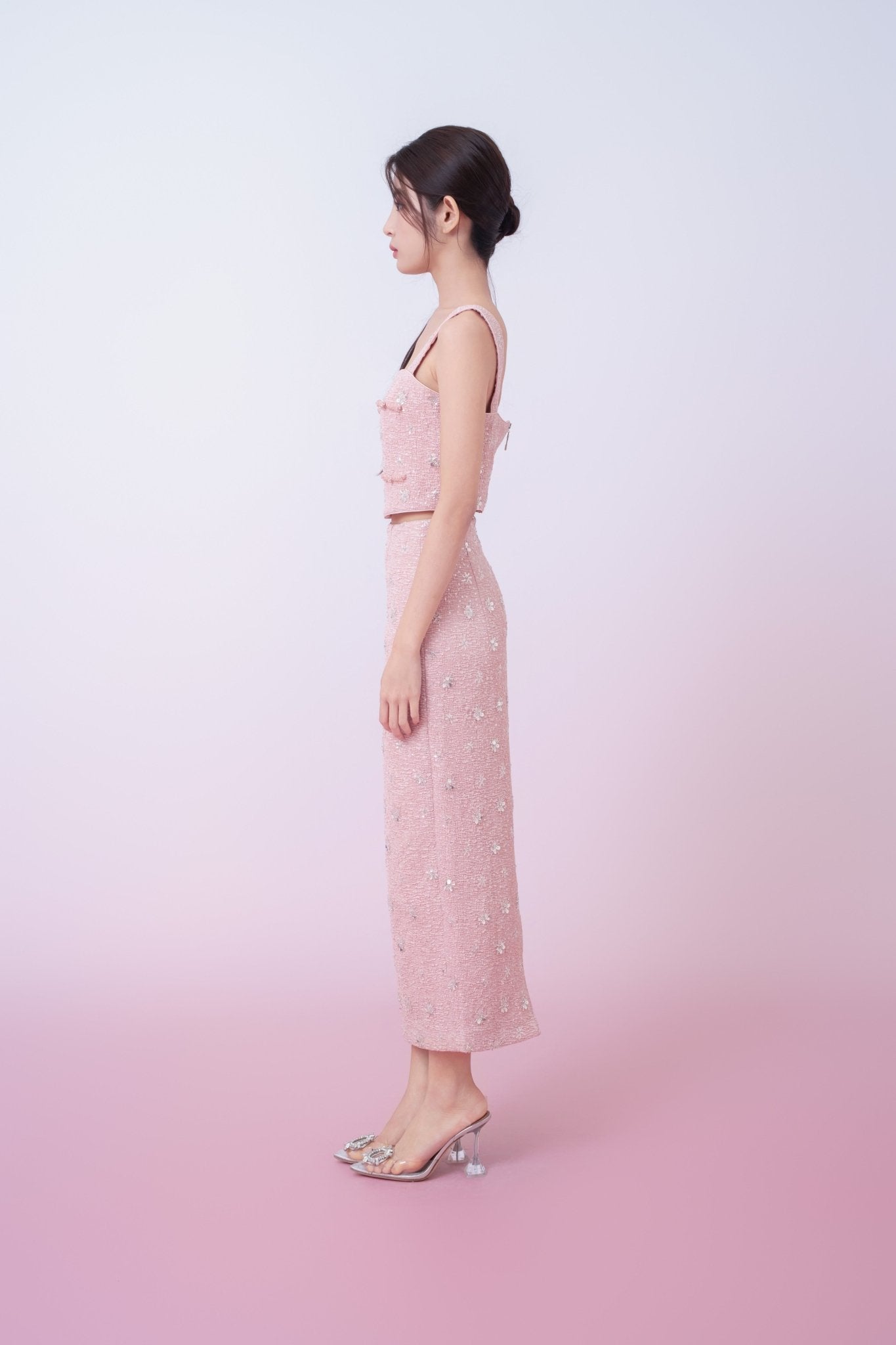 Kaylin Pink Tweed With Embellishments Midi Skirt - Nimisski