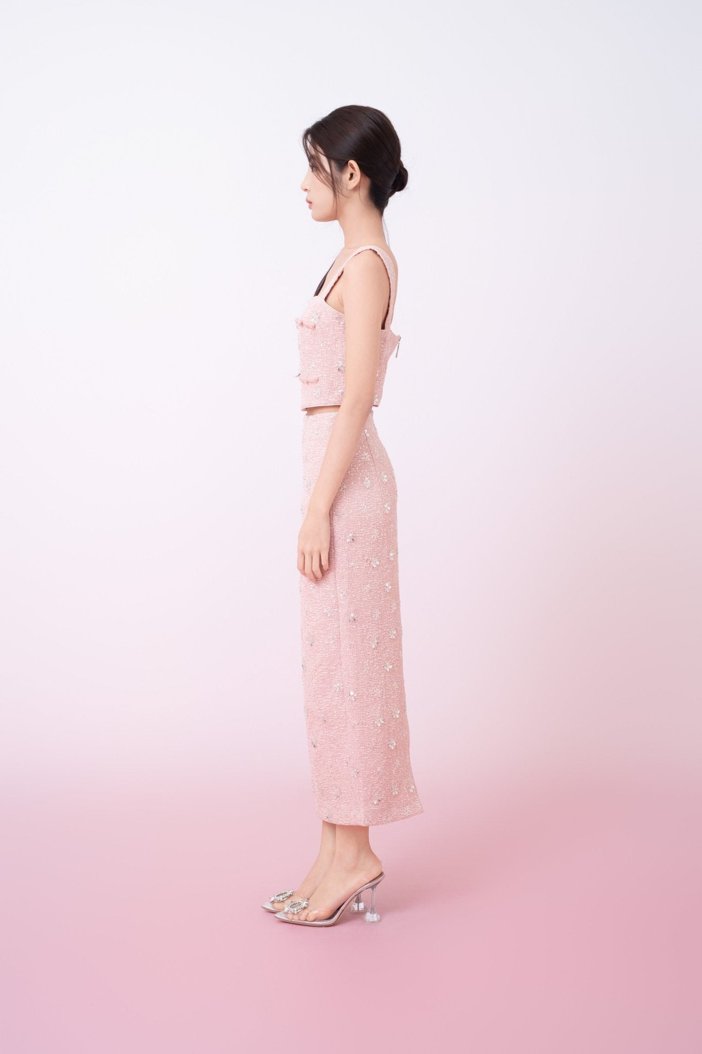 Kaylin Pink Tweed With Embellishments Strap Top - Nimisski