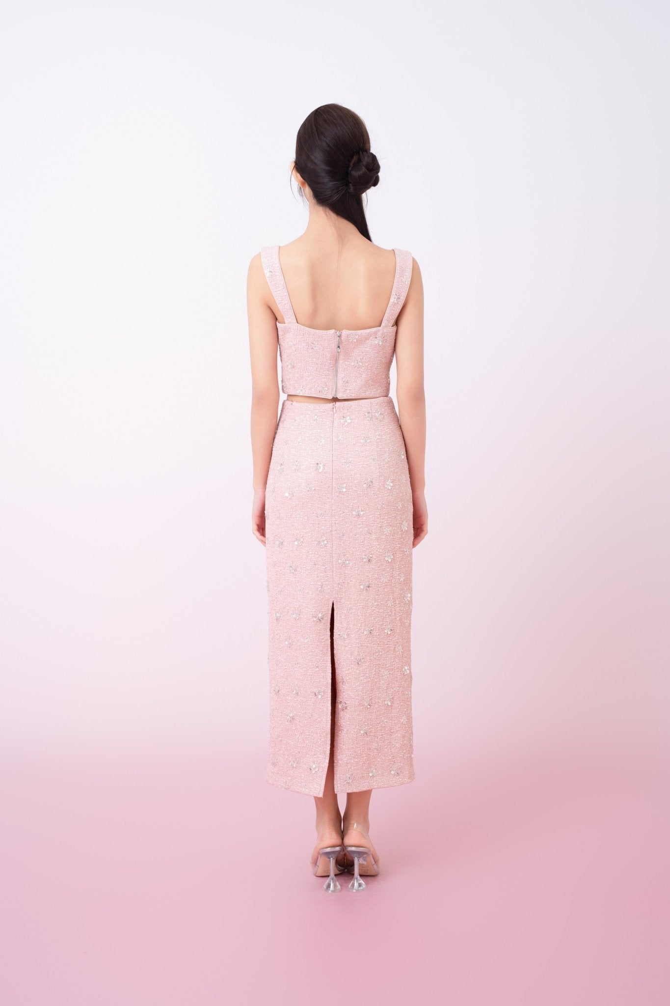 Kaylin Pink Tweed With Embellishments Strap Top - Nimisski