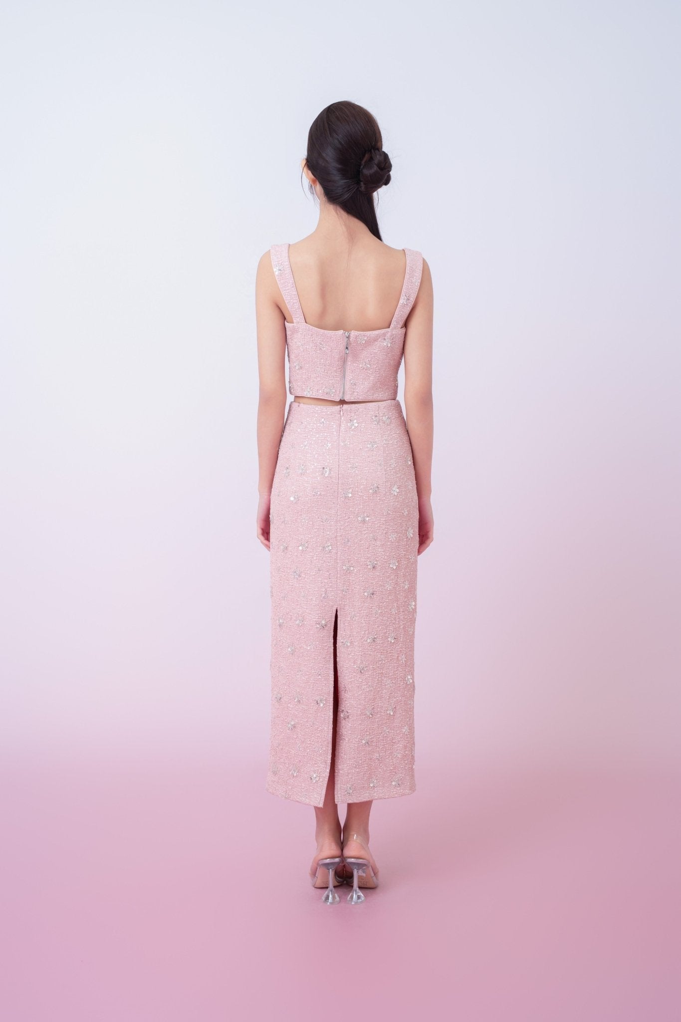 Kaylin Pink Tweed With Embellishments Midi Skirt - Nimisski
