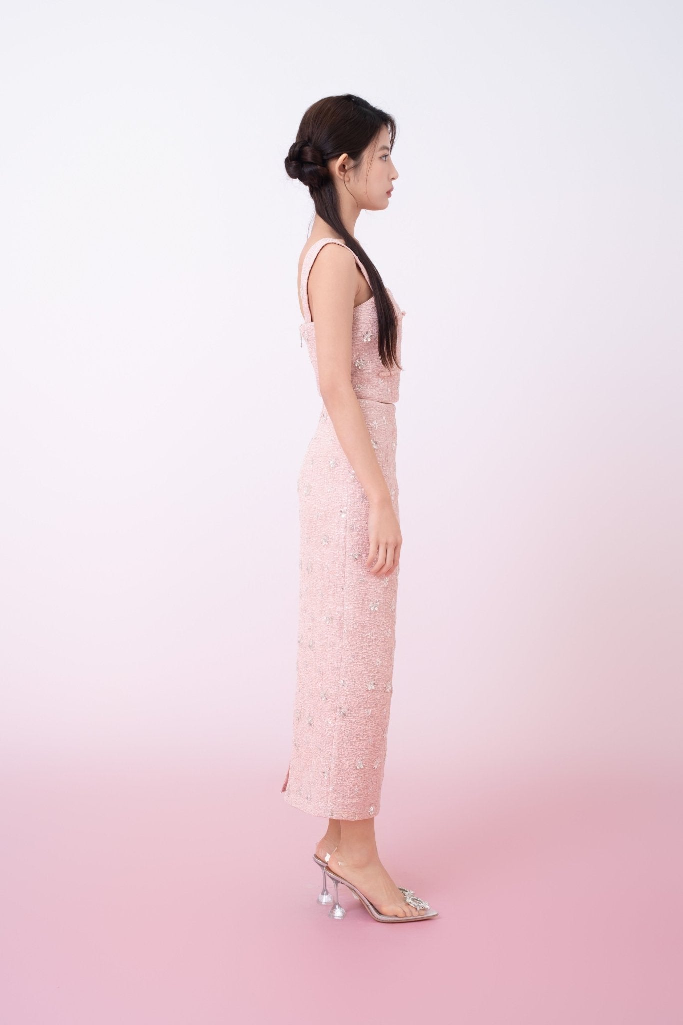 Kaylin Pink Tweed With Embellishments Midi Skirt - Nimisski